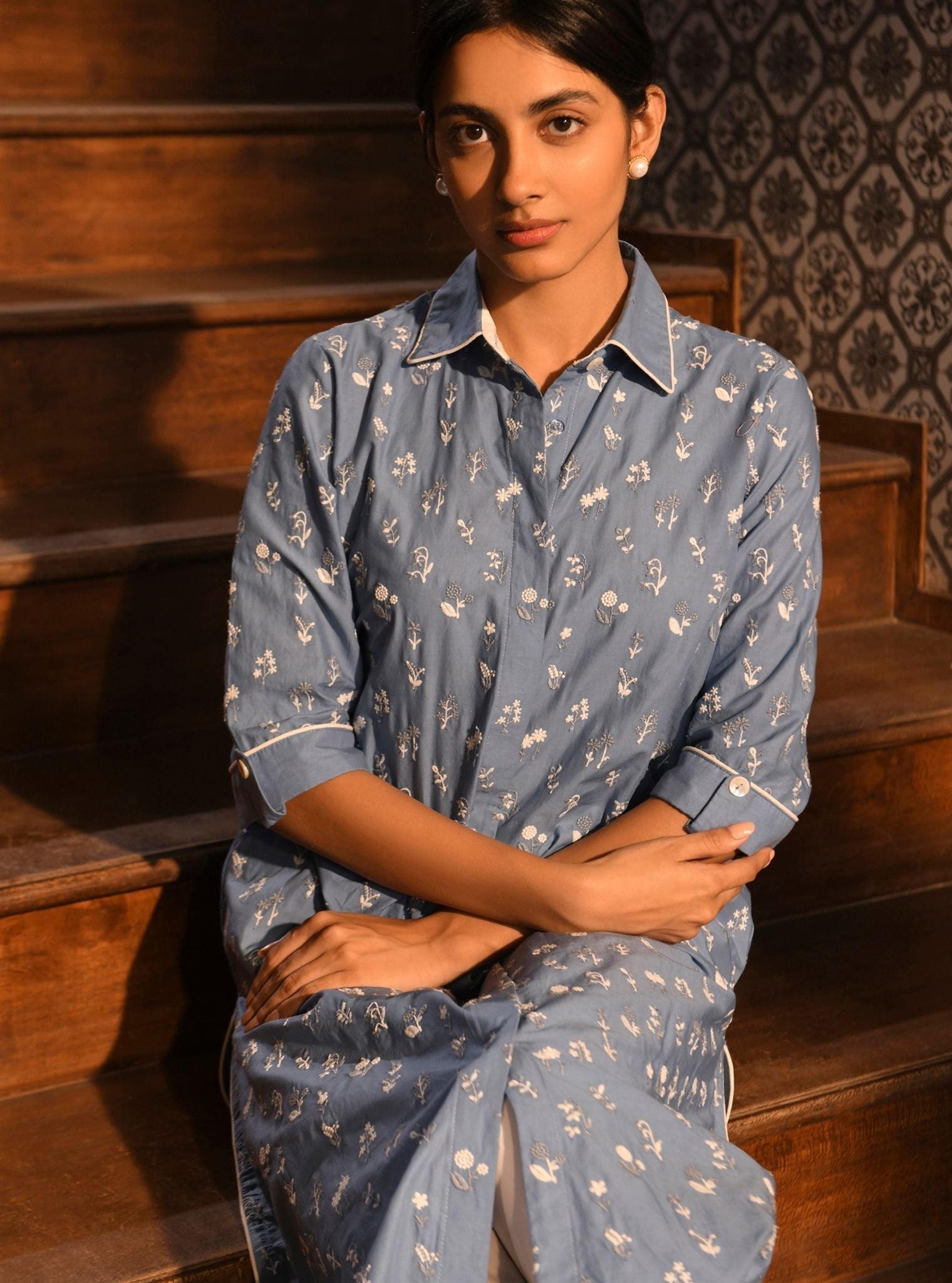 Mahin Cotton Blue Kurta With High Side Slit Pant