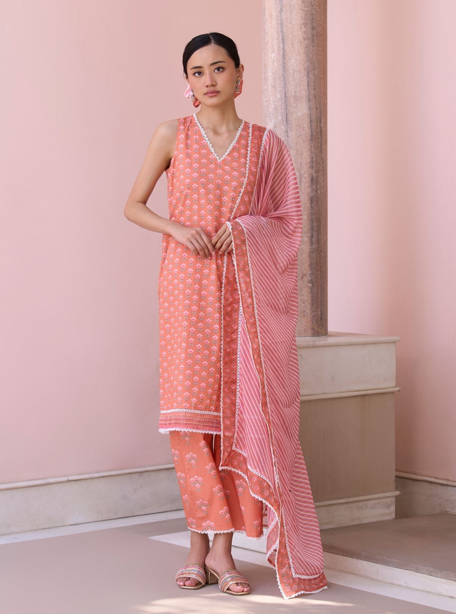 Rajvella Orange Mulmul Cotton Kurta & Pant Set