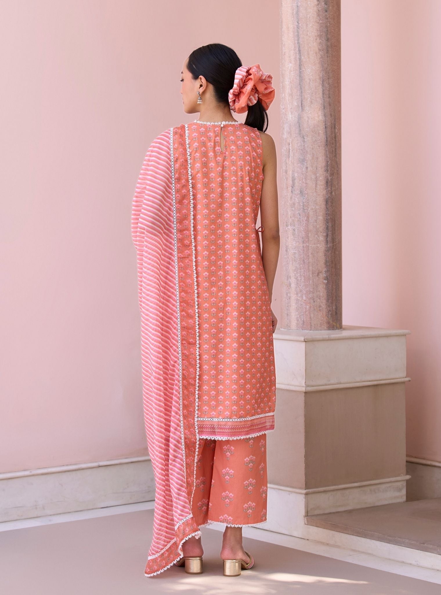 Rajvella Orange Mulmul Cotton Kurta & Pant Set