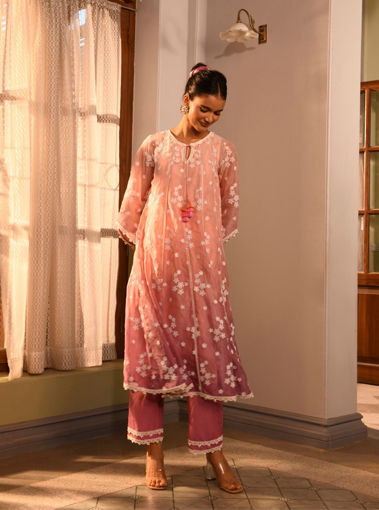Mulmul Organza Aira Pink Anarkali Kurta With Mulmul Cotton Aira Pink Pant