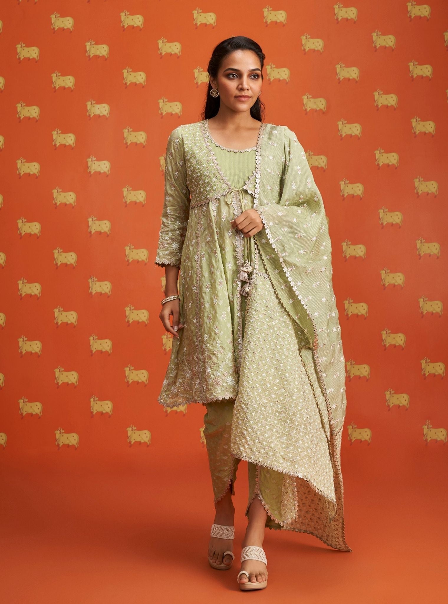Nyah Banarsi Green Short Anarkali Kurta Set