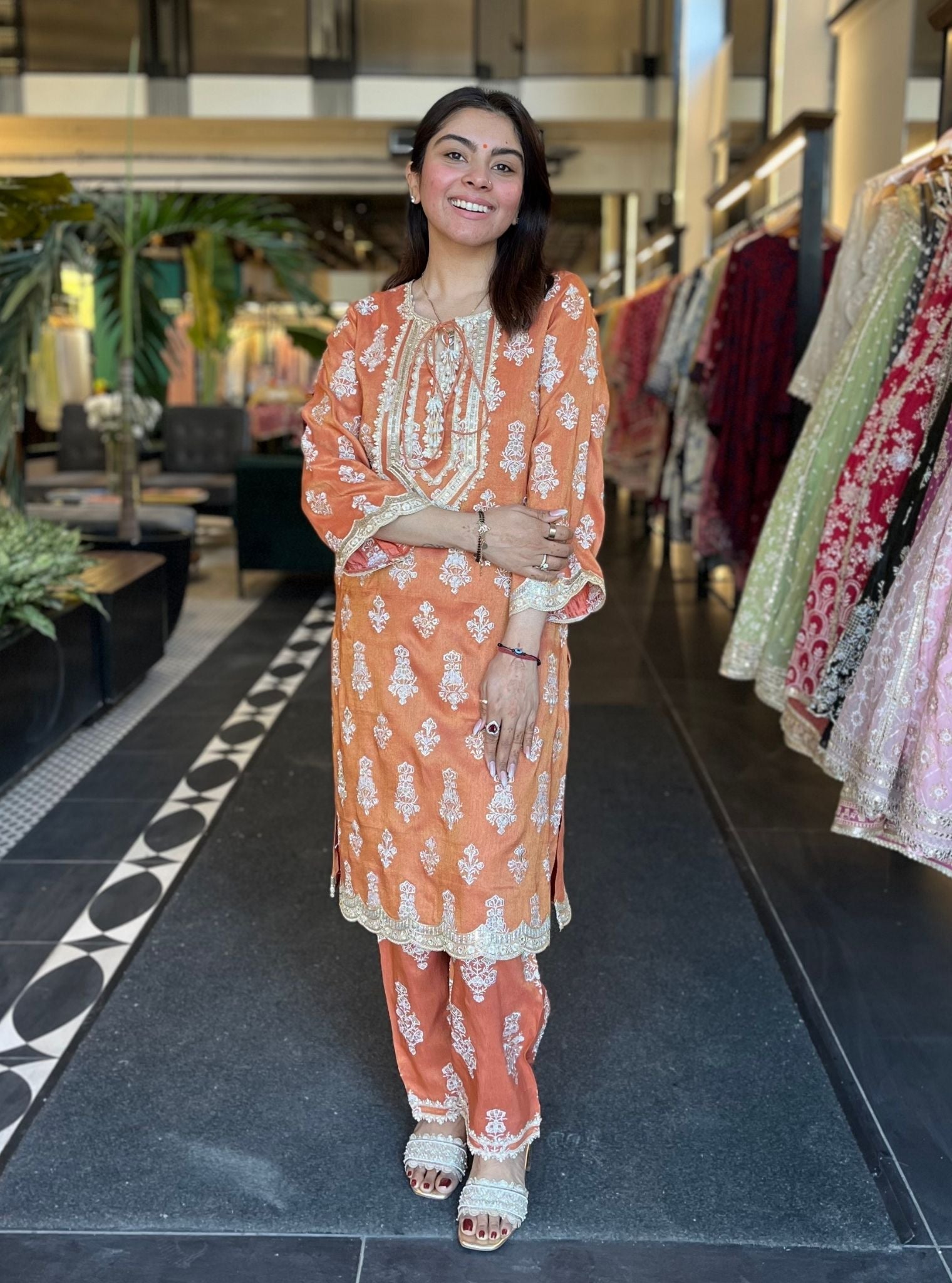 Intira Tissue Linen Satin Burnt Orange Kurta Set