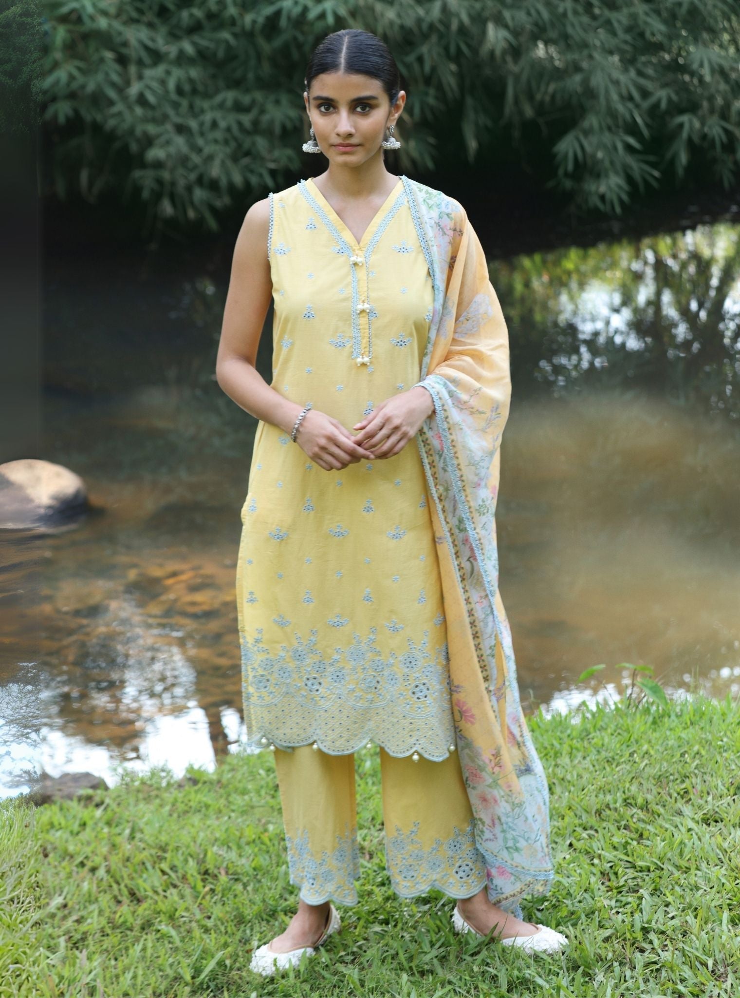 Kora Supima Cotton Yellow Kurta Set