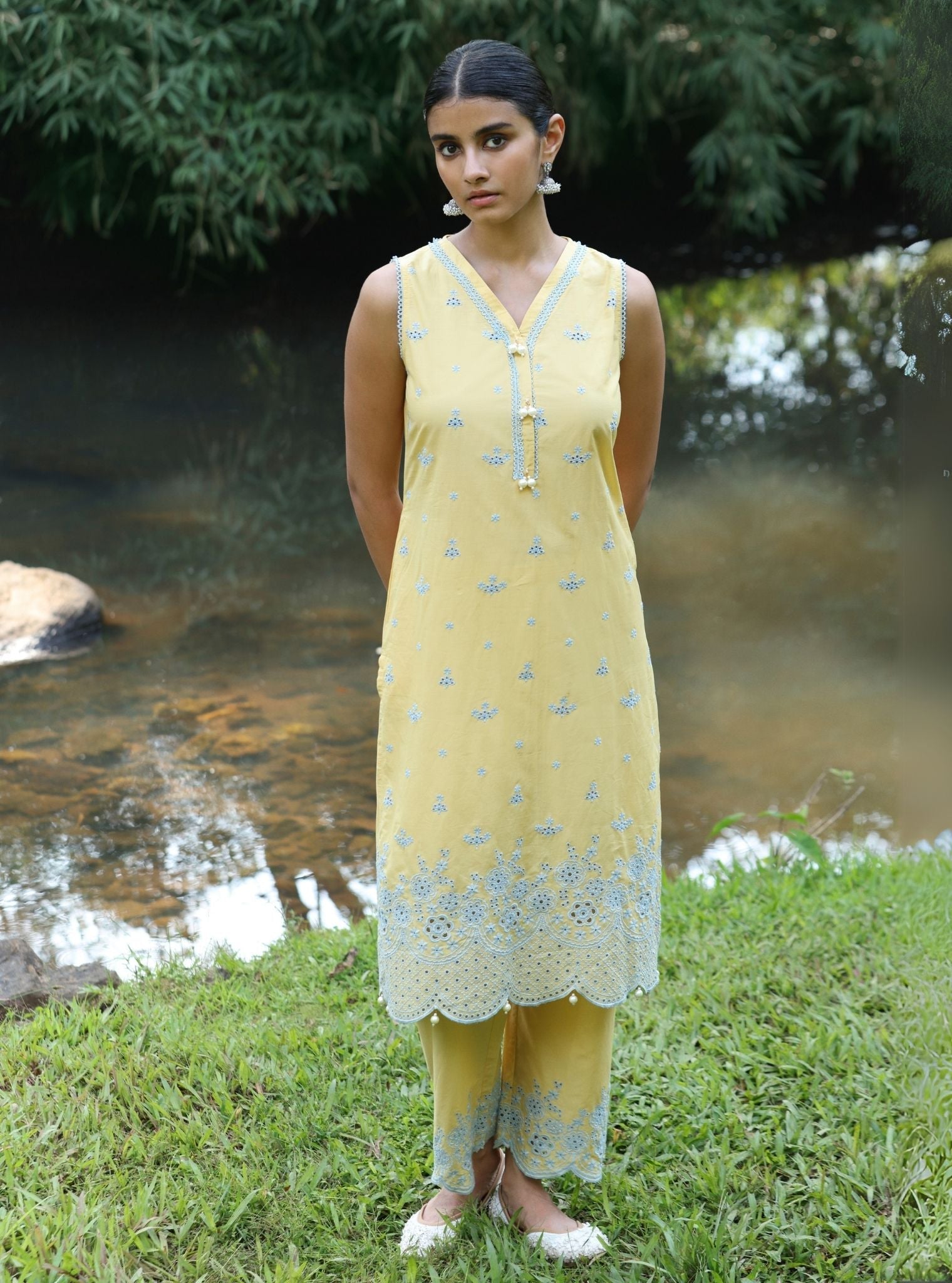 Kora Supima Cotton Yellow Kurta Set