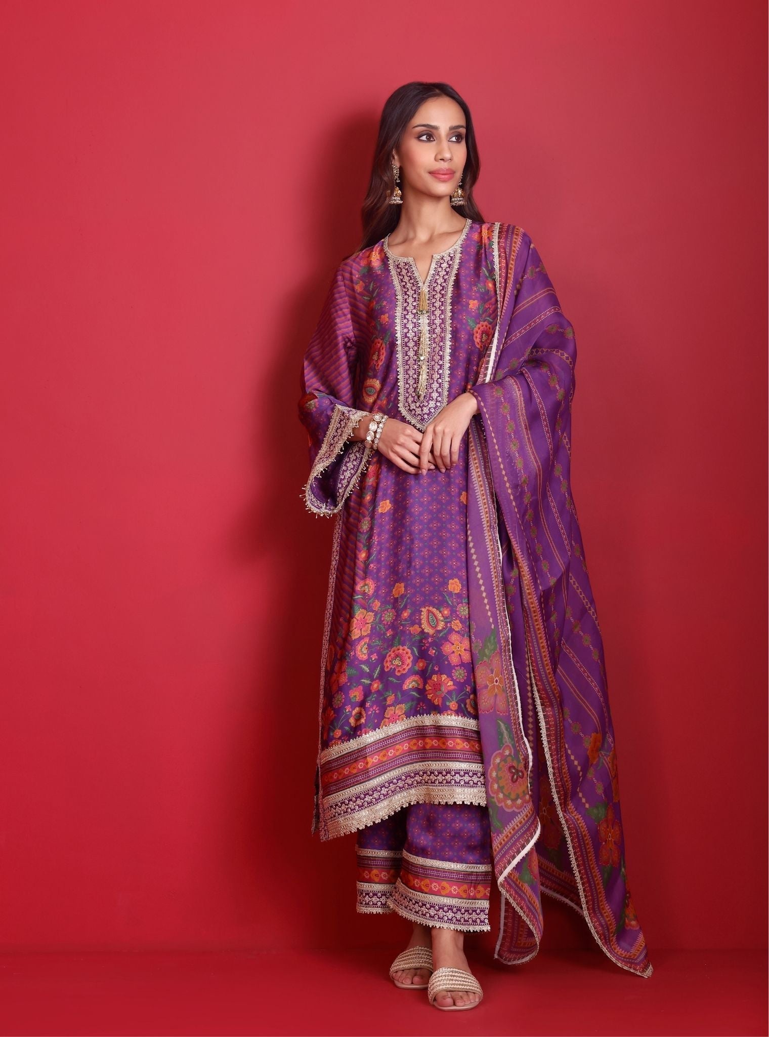 Osha Cupro Satin Purple Kurta Set