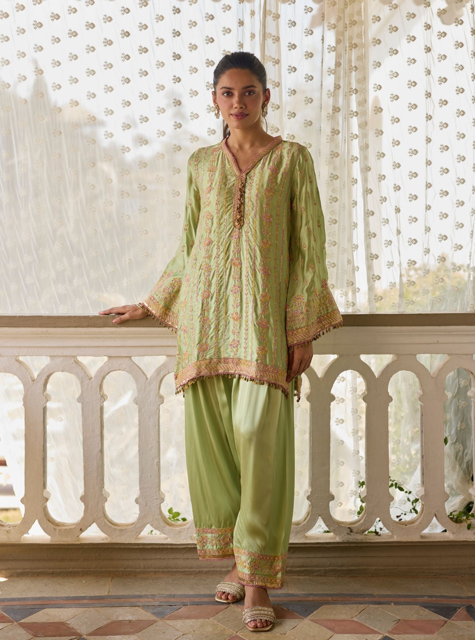 Pralika Bemberg Satin Green Kurta With Farshi Salwar