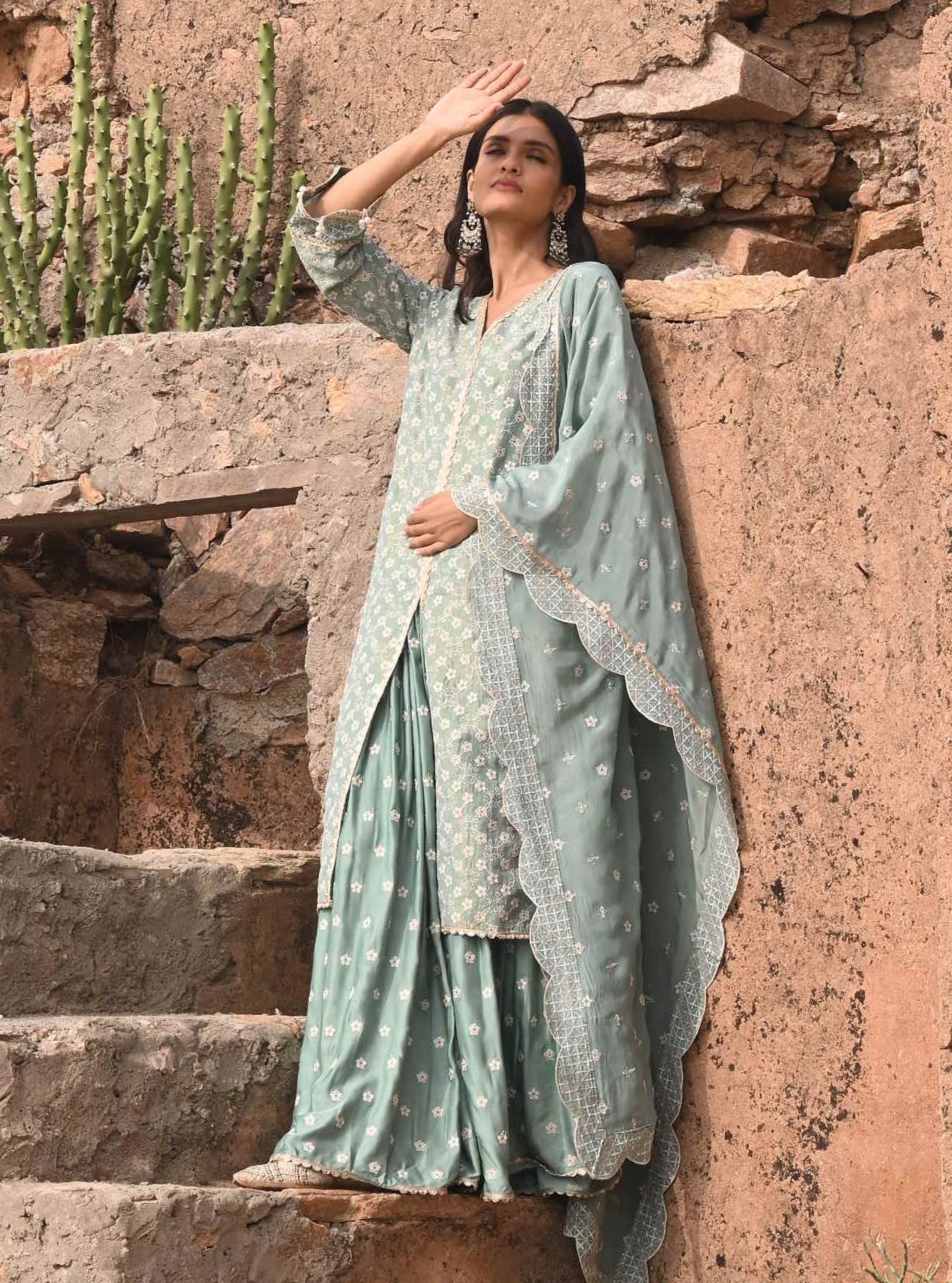 Maaeri Luxe Tissue Satin Teal Blue Kurta with Skirt Set