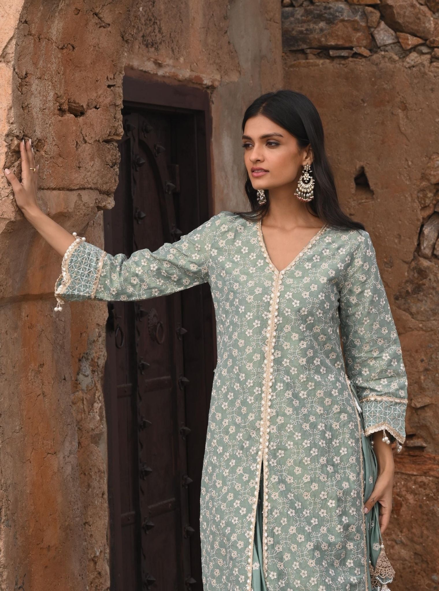 Maaeri Luxe Tissue Satin Teal Blue Kurta with Skirt Set