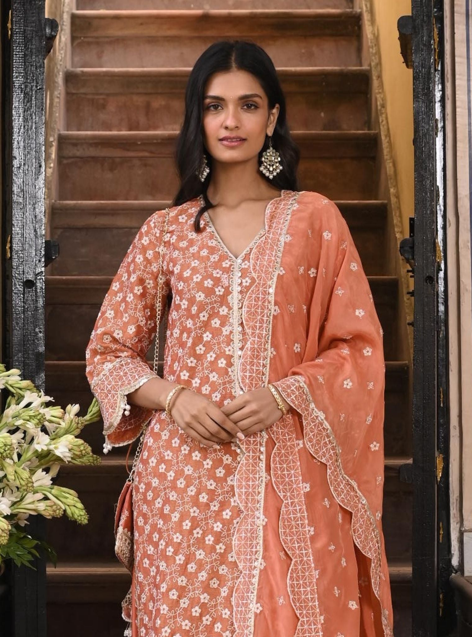 Maaeri Luxe Tissue Satin Burnt Orange Kurta with Skirt Set
