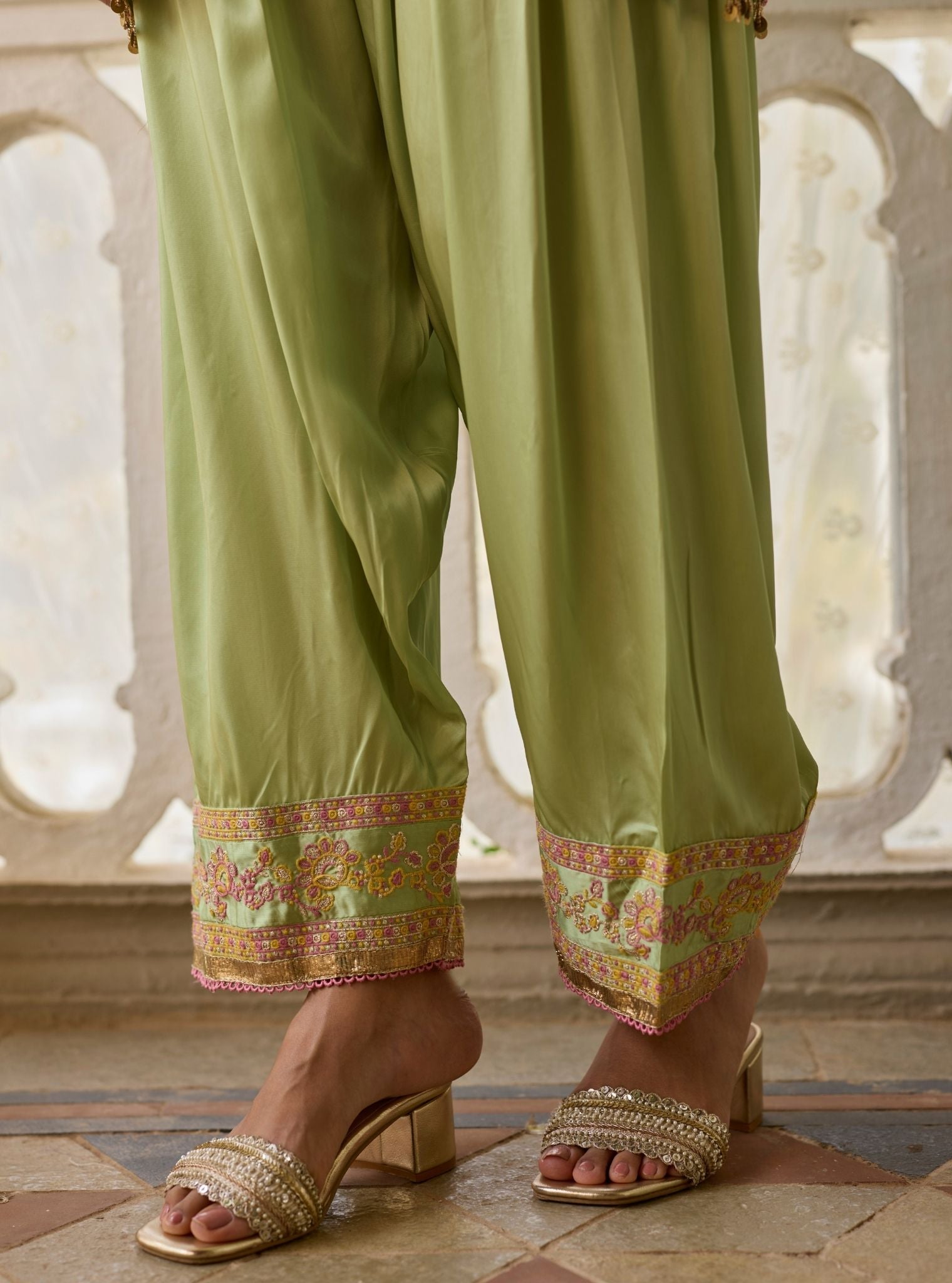 Pralika Bemberg Satin Green Kurta With Farshi Salwar