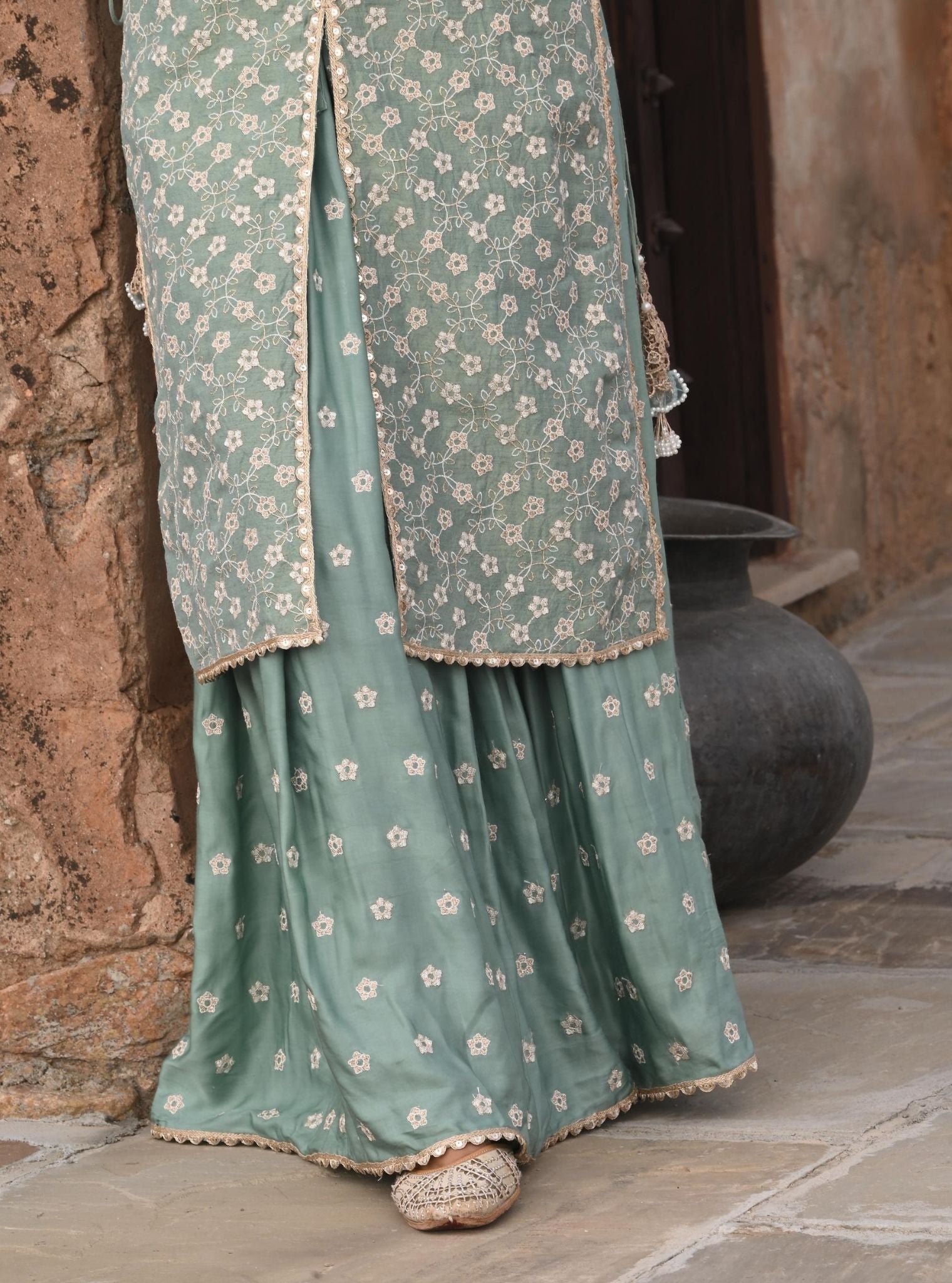Maaeri Luxe Tissue Satin Teal Blue Kurta with Skirt Set