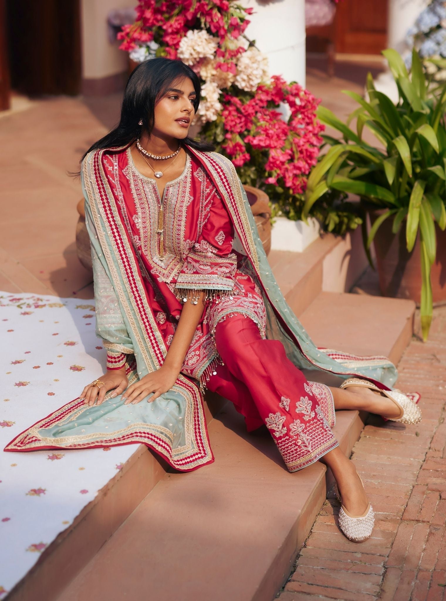 Khumari Pima Satin Red Kurta With Farshi Salwar