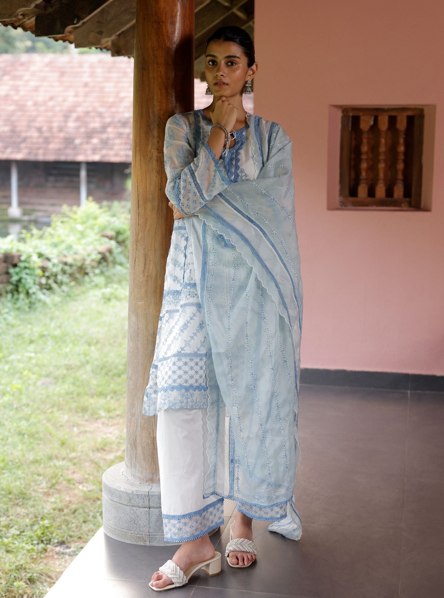 Kollam Organza White Kurta Set