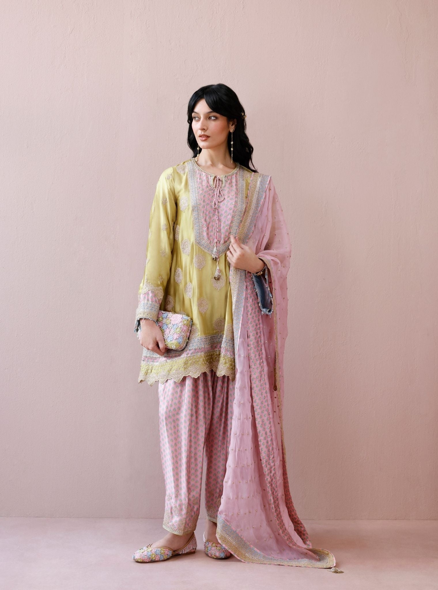 Veya Cupro Satin Lime & Pink Kurta Set