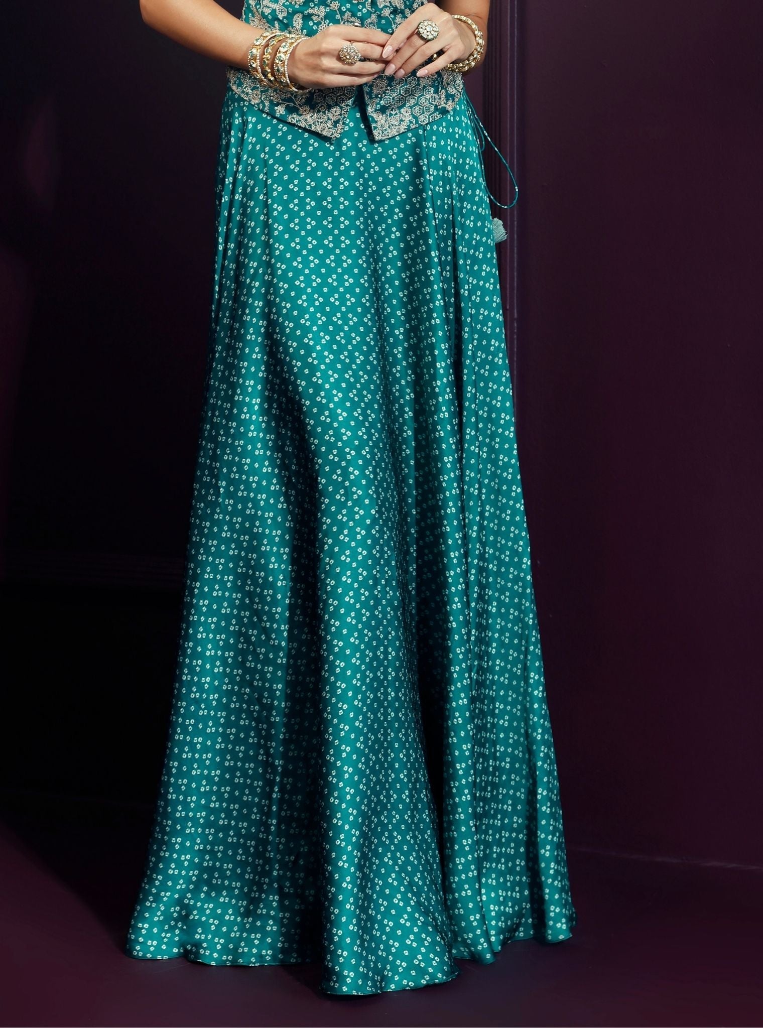 Kuhu Cupro Satin Printed Emerald Green Waistcoat With Wide Pleated Skirt