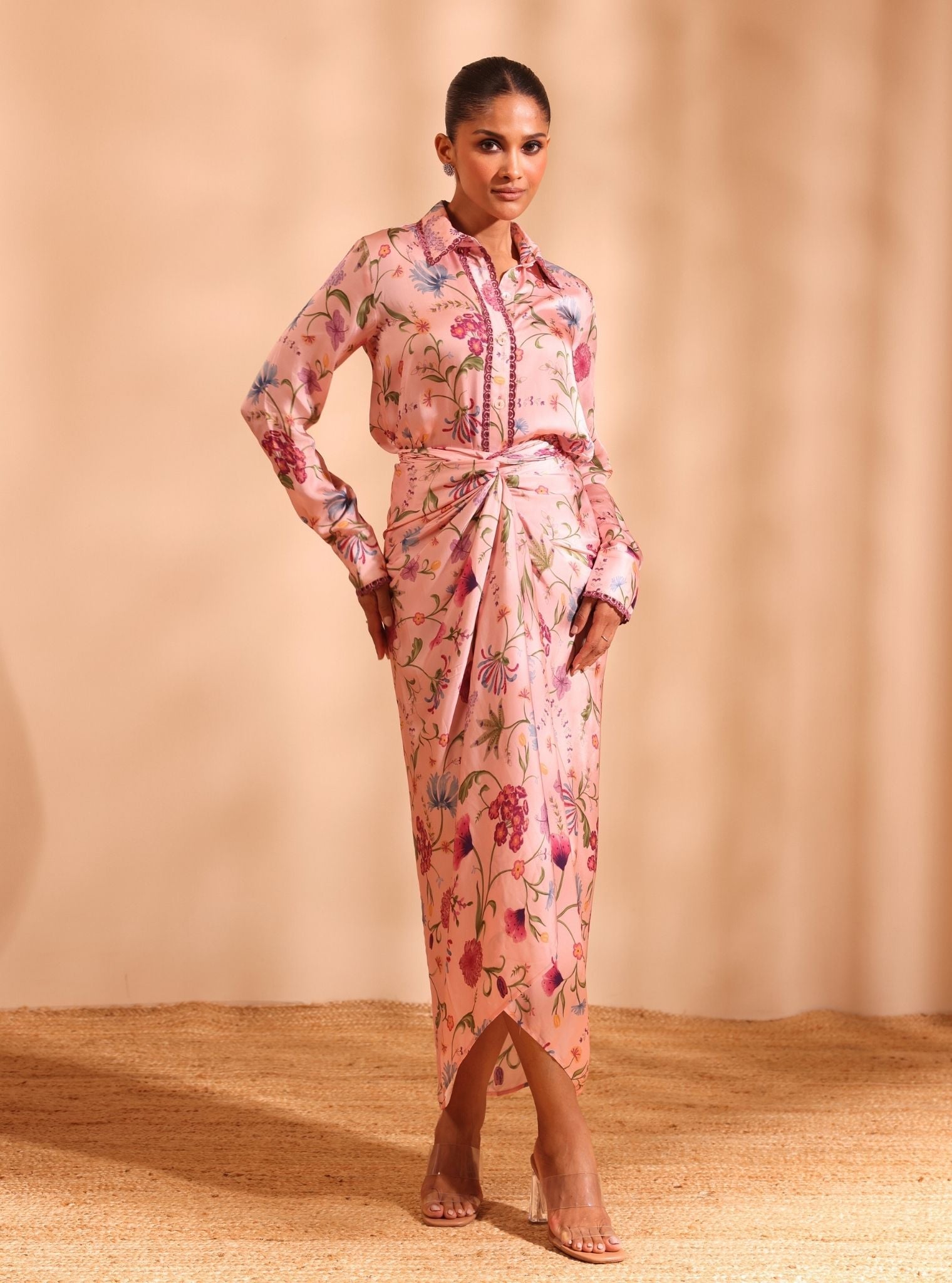 Hasi Cupro Satin Printed Pink Co-ord Set