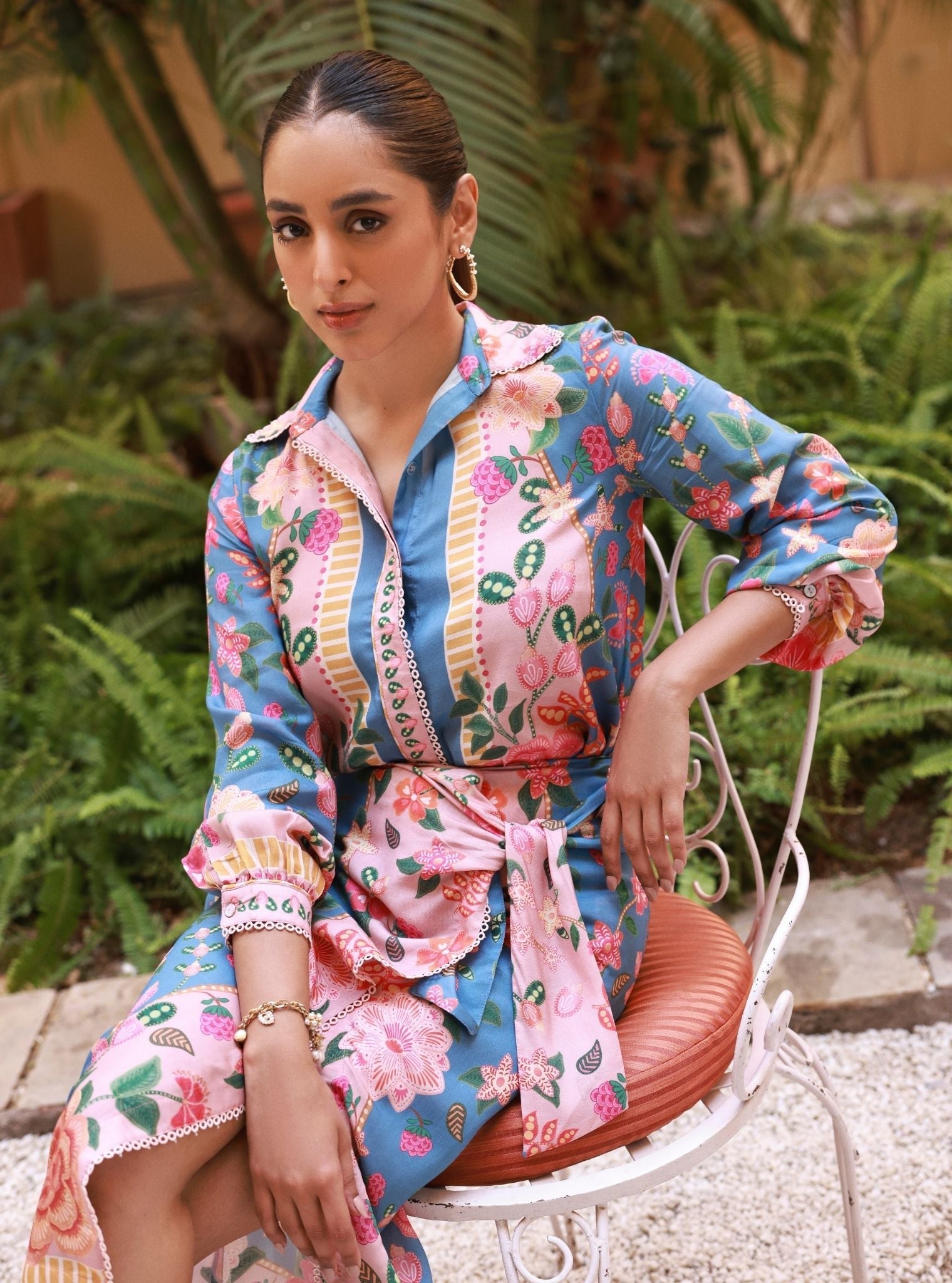 Raisa Lawn Printed Dark Denim Shirt With Skirt