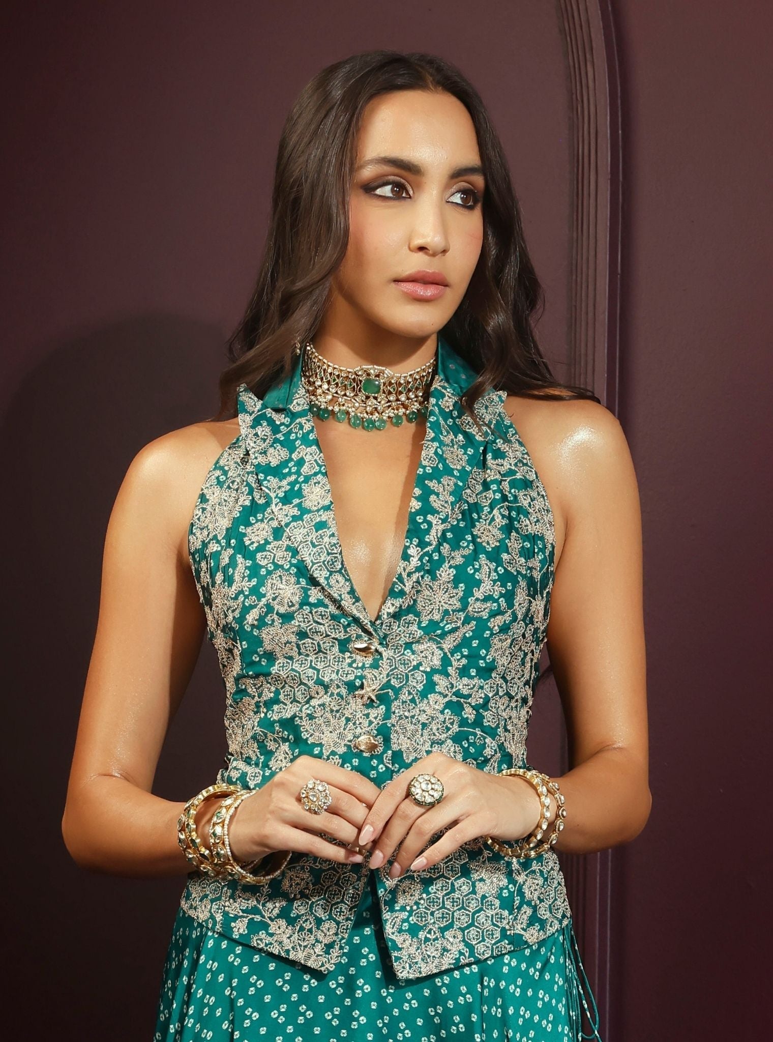 Kuhu Cupro Satin Printed Emerald Green Waistcoat with Skirt