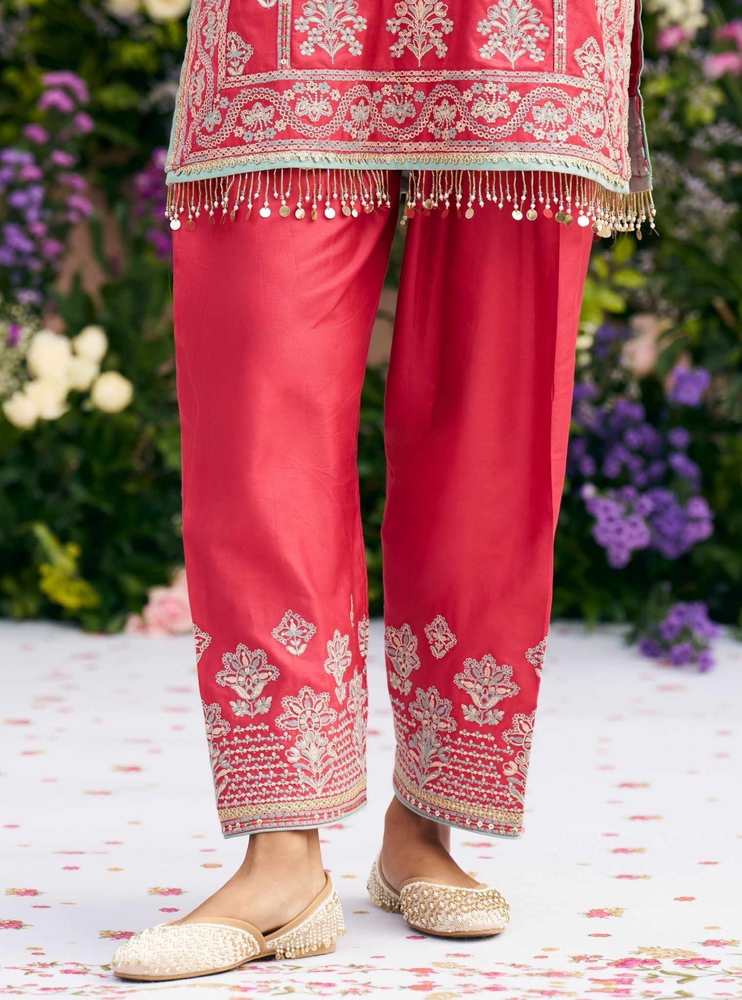 Khumari Pima Satin Red Kurta With Farshi Salwar