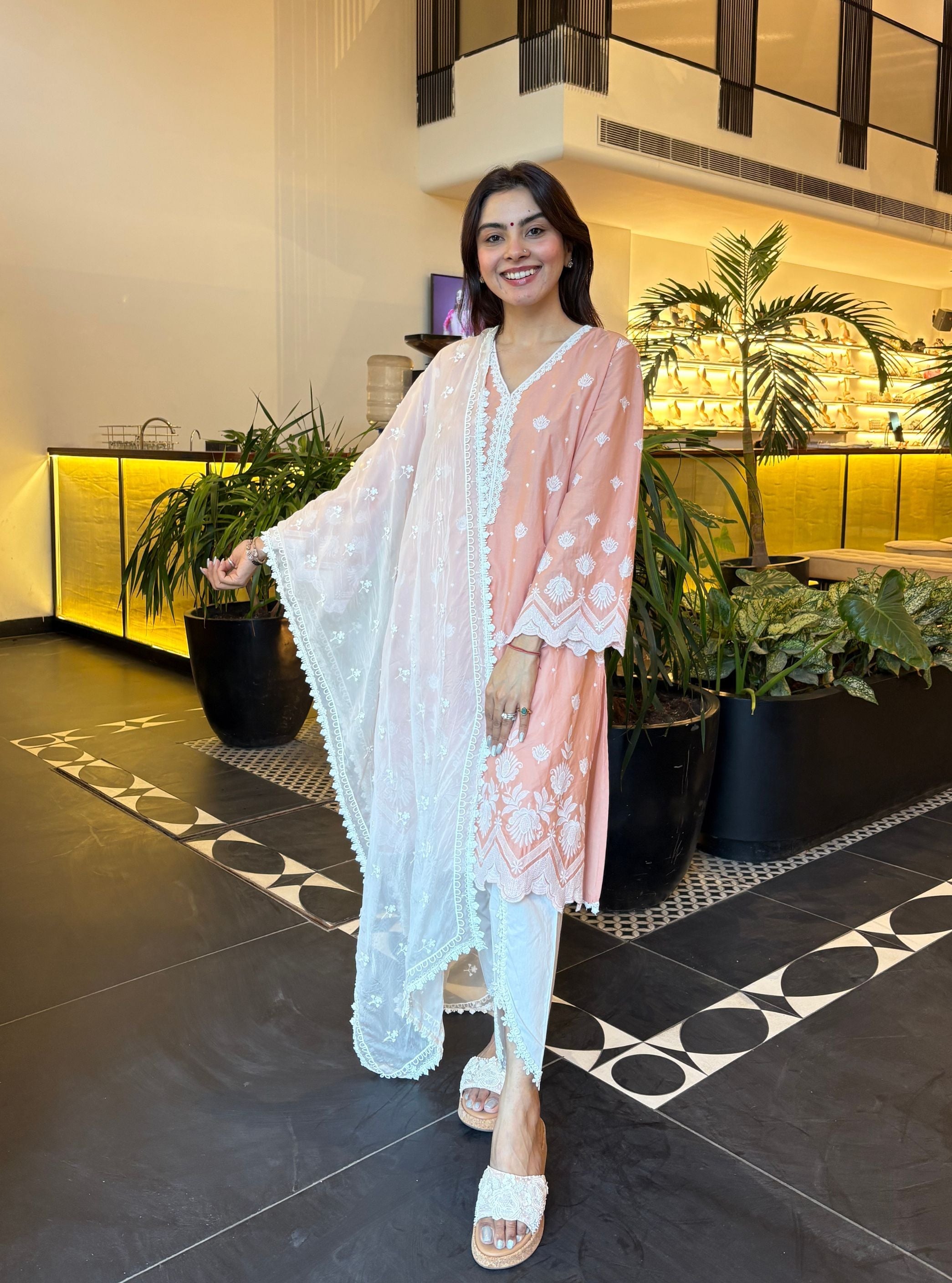 Garden Cress Supima Cotton Peach Kurta With Aelira Supima Cotton White Dhoti Pant