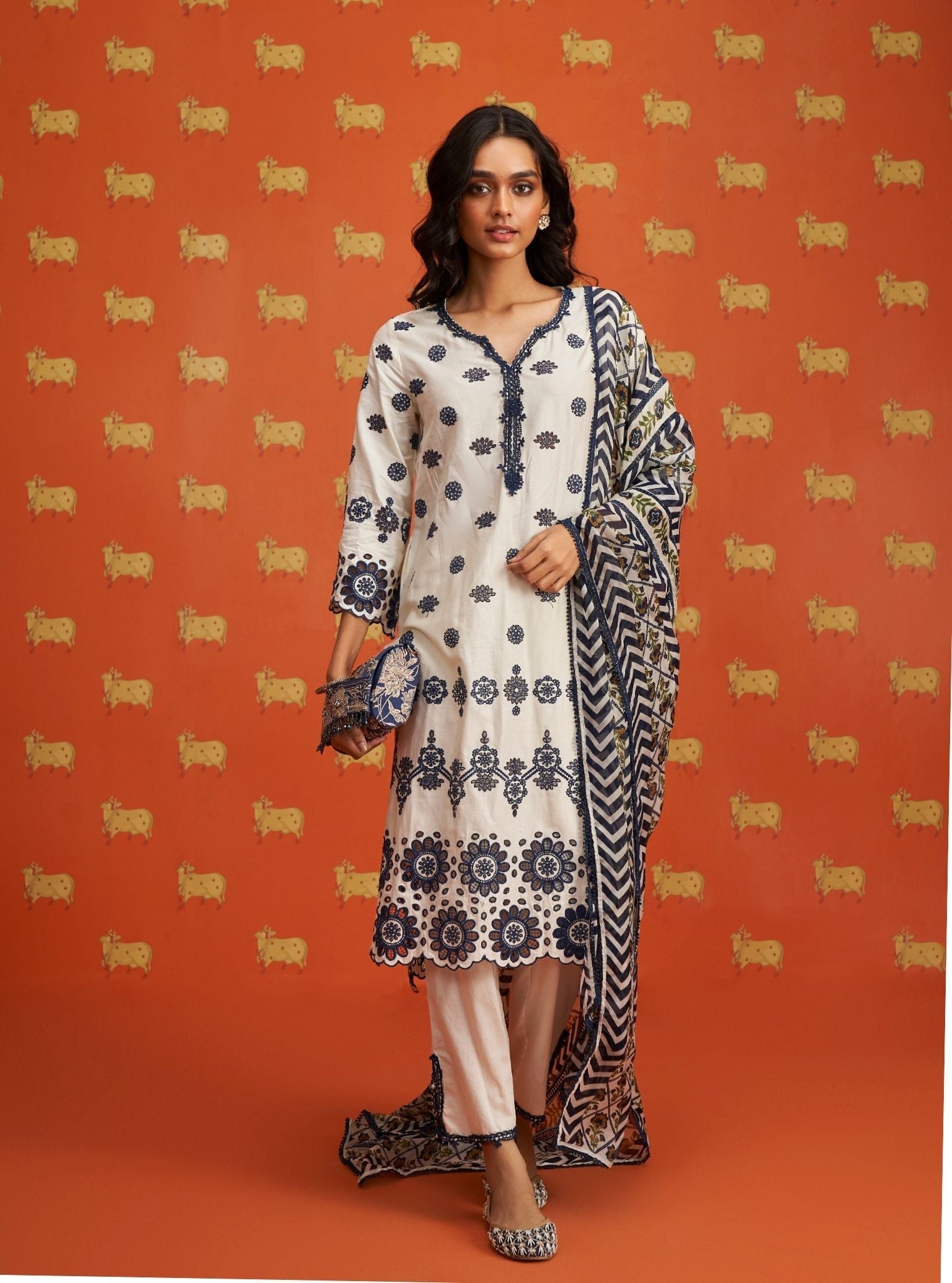 Pensri Pima Satin Off White Kurta Set