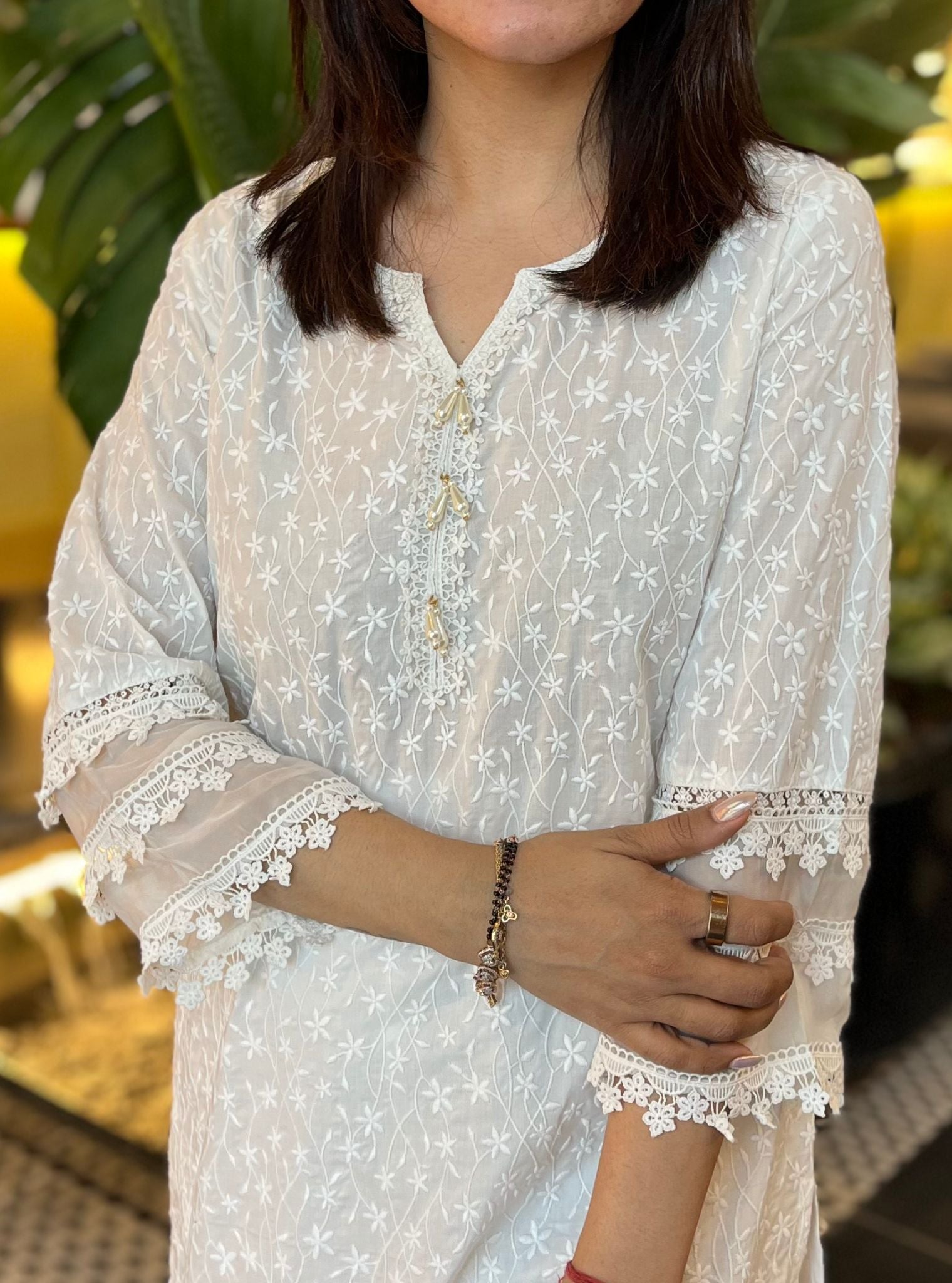 Rosine Supima Cotton White Kurta With Floral Ladder Slim Pant
