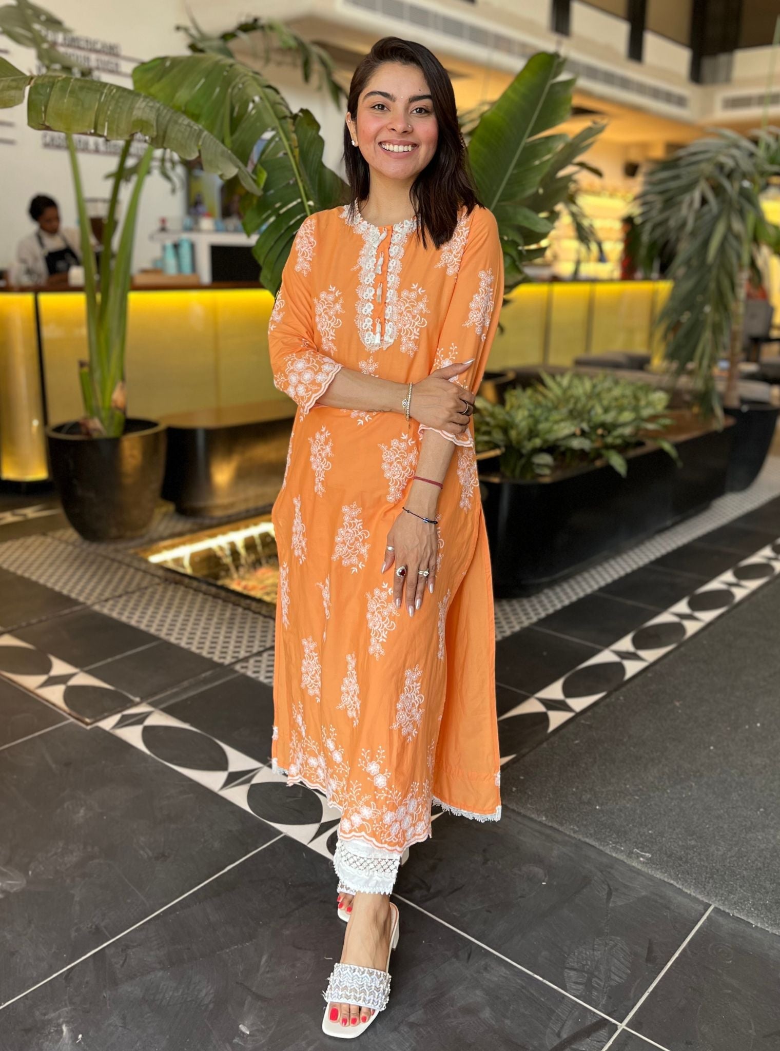 Perla Supima Cotton Orange Kurta With Floral Ladder Slim Pant