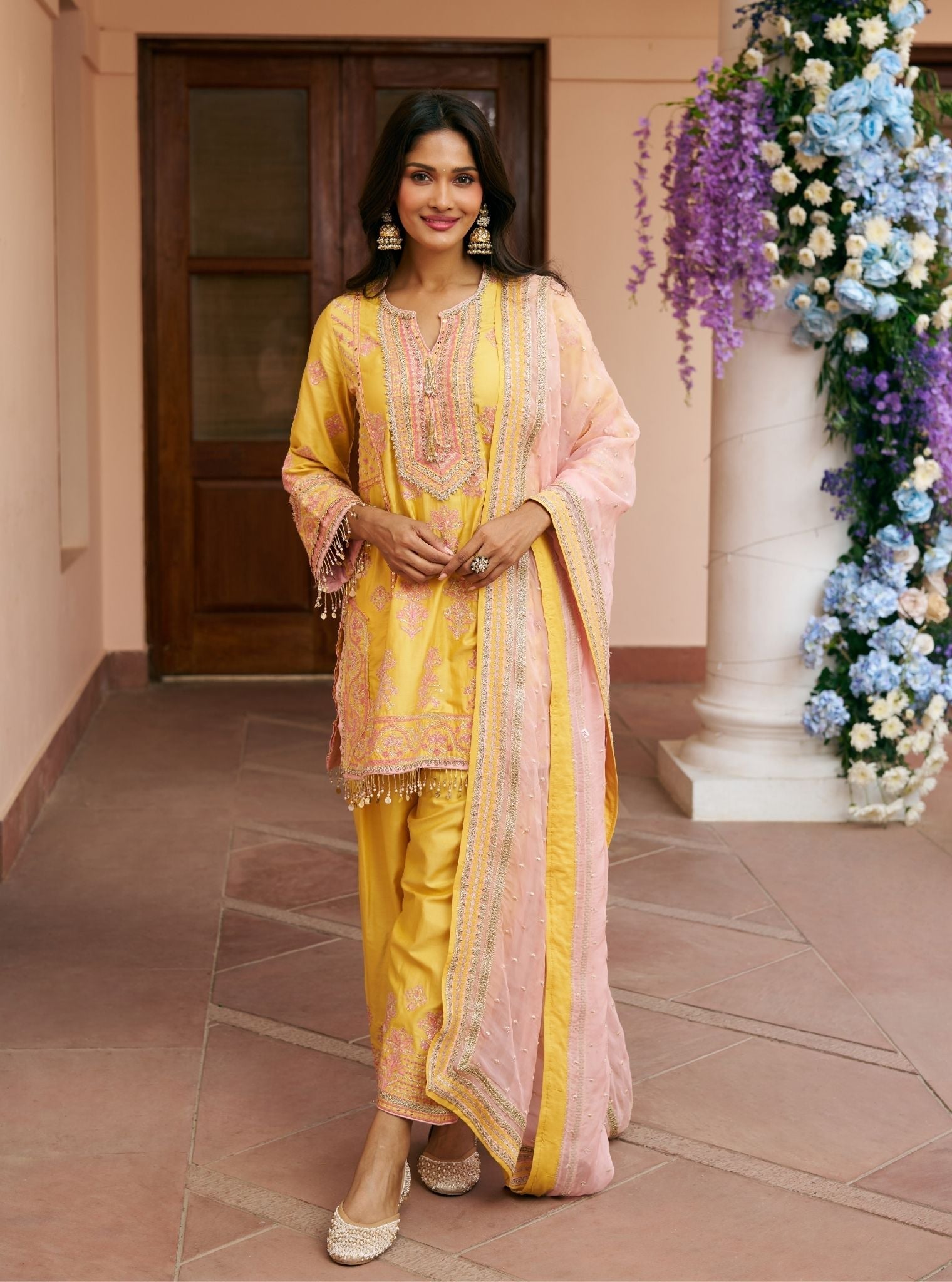 Khumari Pima Satin Mustard Kurta With Farshi Salwar