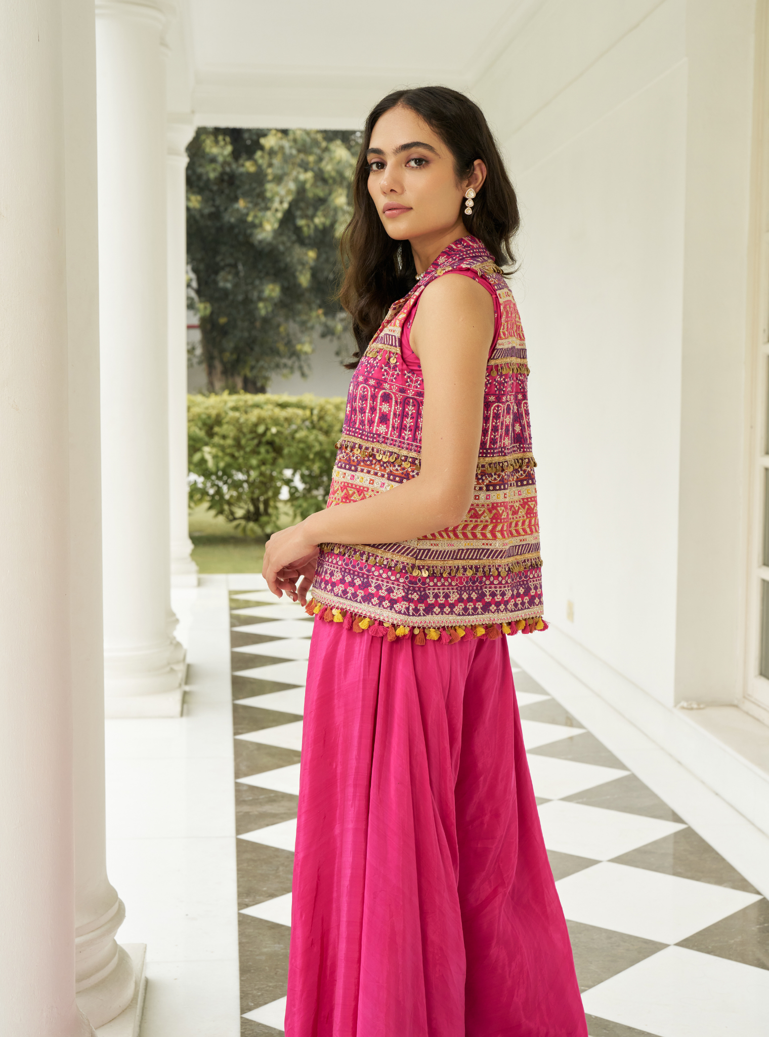 Paakhi Pima Satin Fuschia Jacket With Sharara