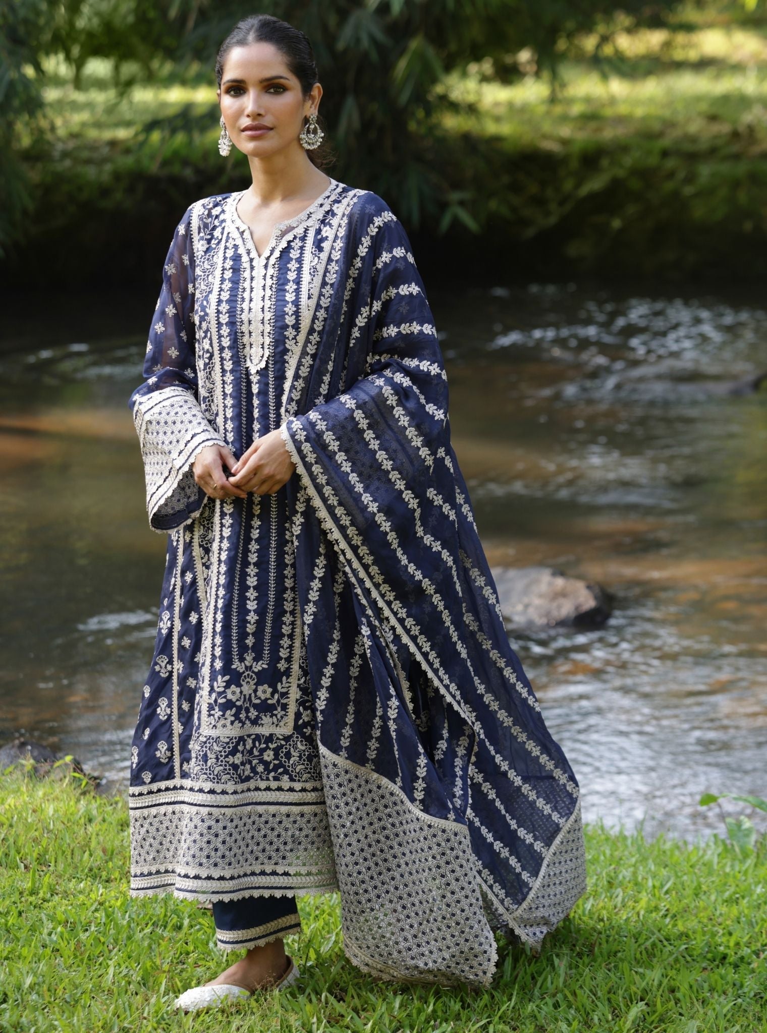 Katha Organza Navy Anarkali Kurta Set