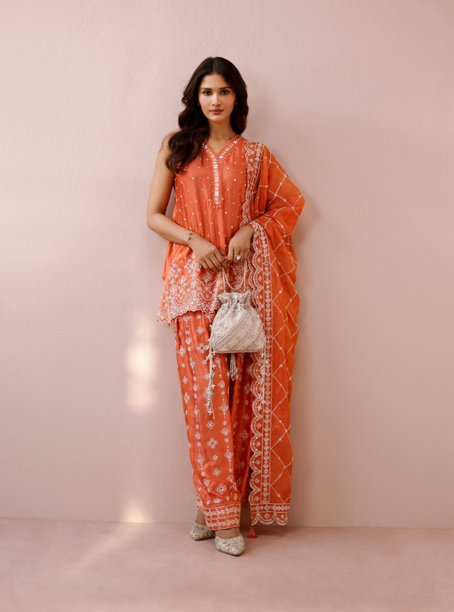 Novie Cupro Satin Orange Kurta Set
