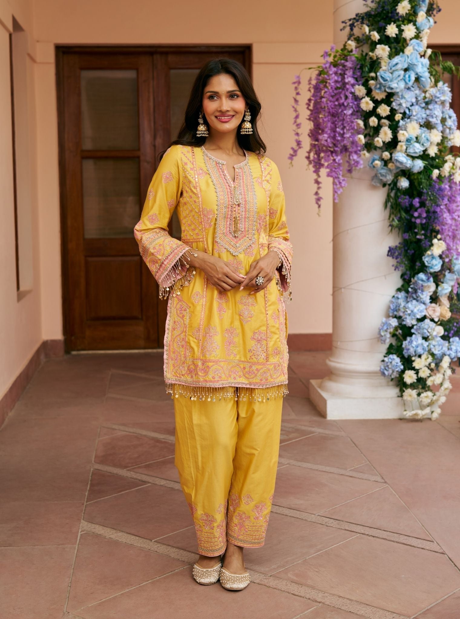 Khumari Pima Satin Mustard Kurta With Farshi Salwar