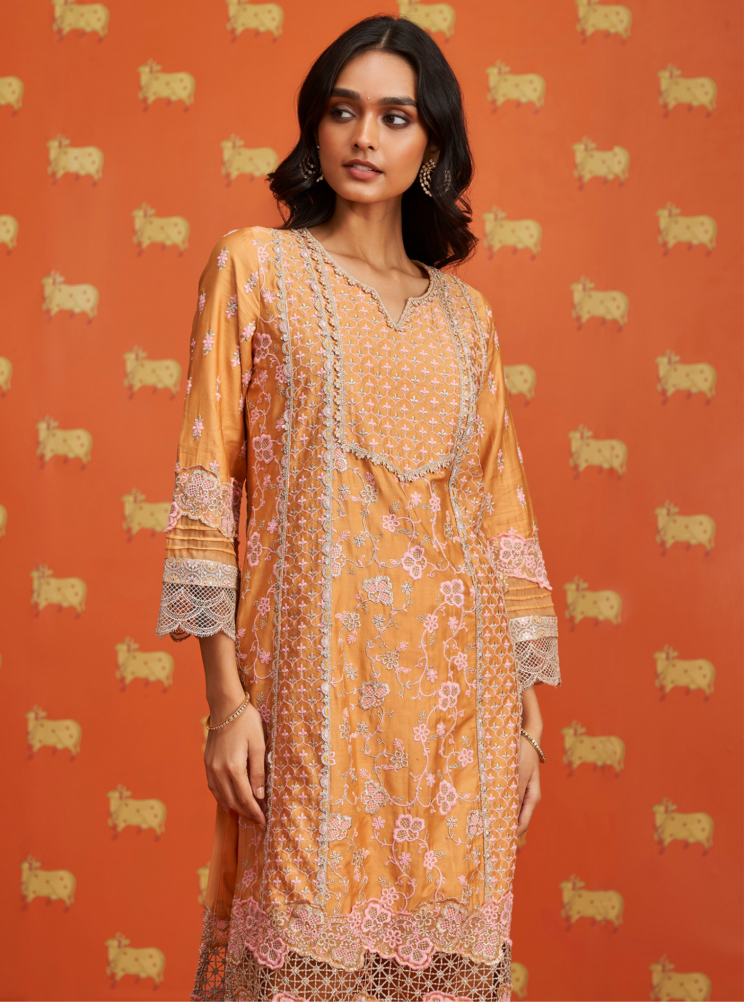 Anchali Pima Satin Orange Kurta Set