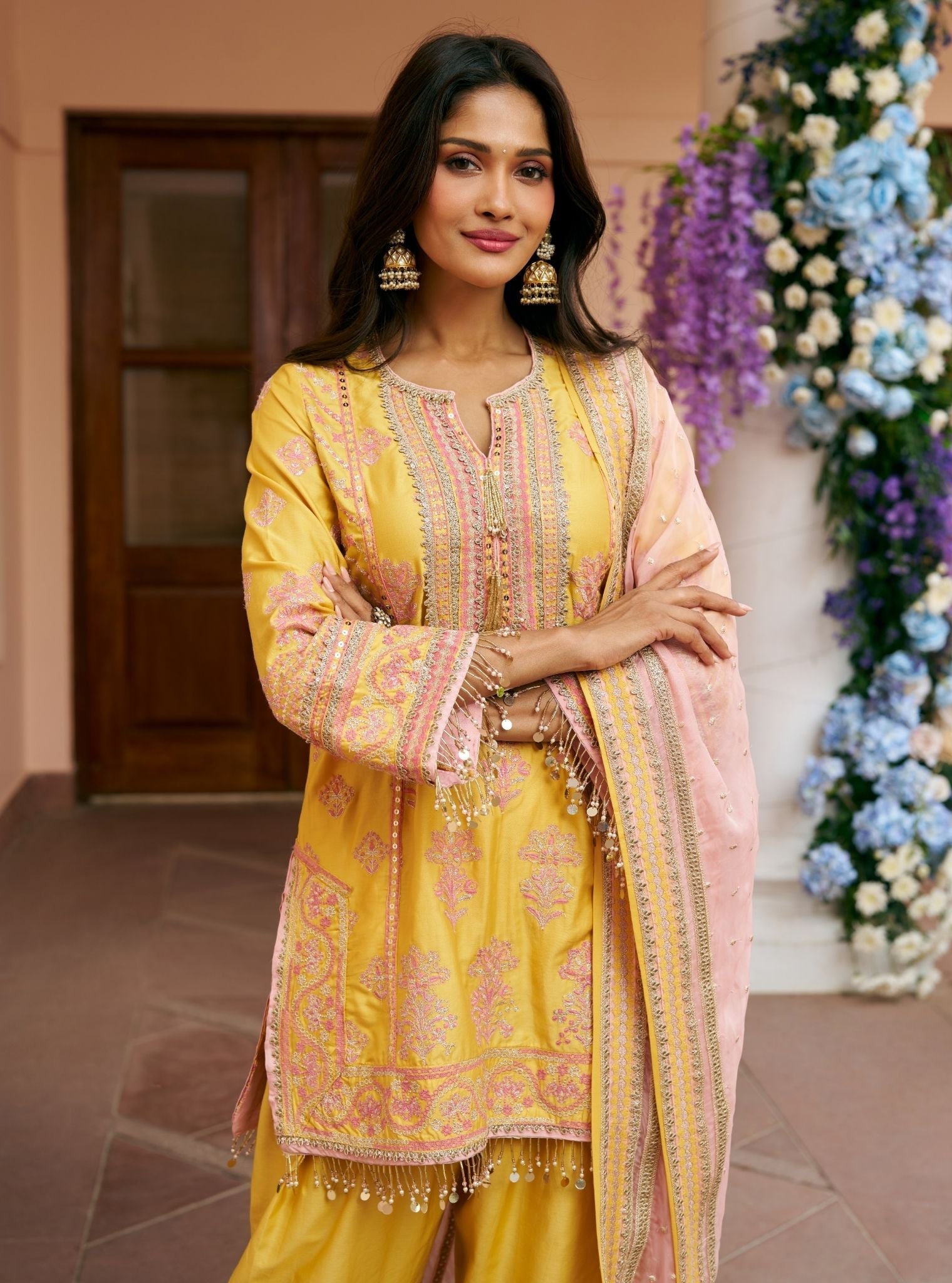 Khumari Pima Satin Mustard Kurta With Farshi Salwar