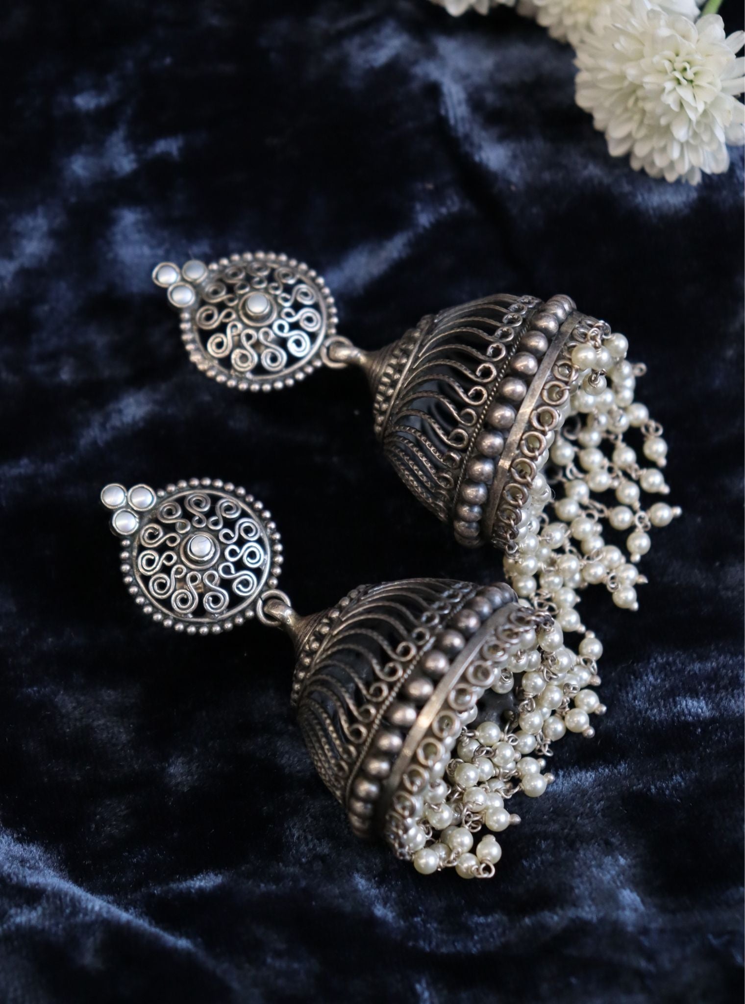 Pure Silver Zinnia Jhumkas with Pearls