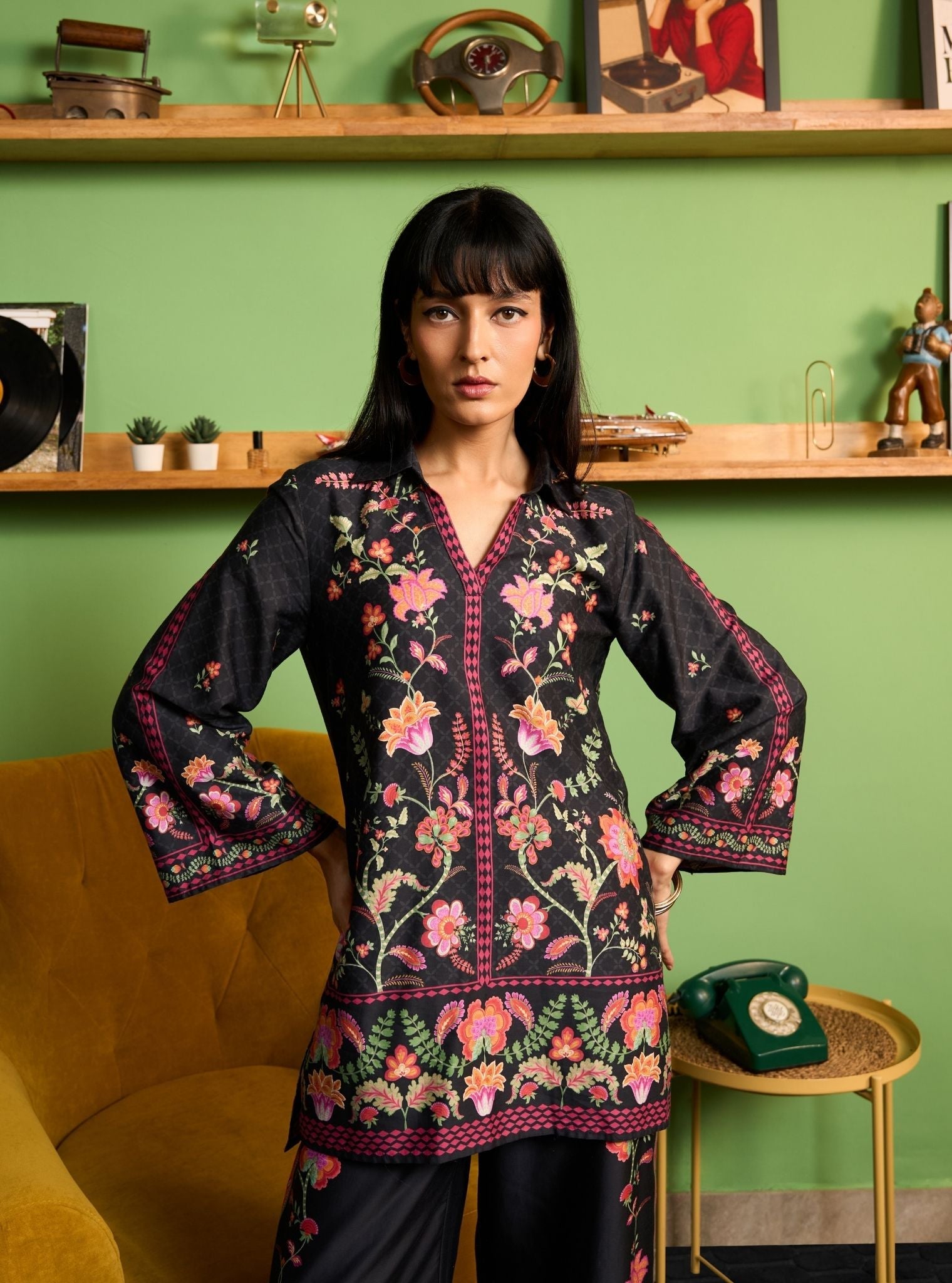 Zuni Pima Satin Black Printed Co-ord set