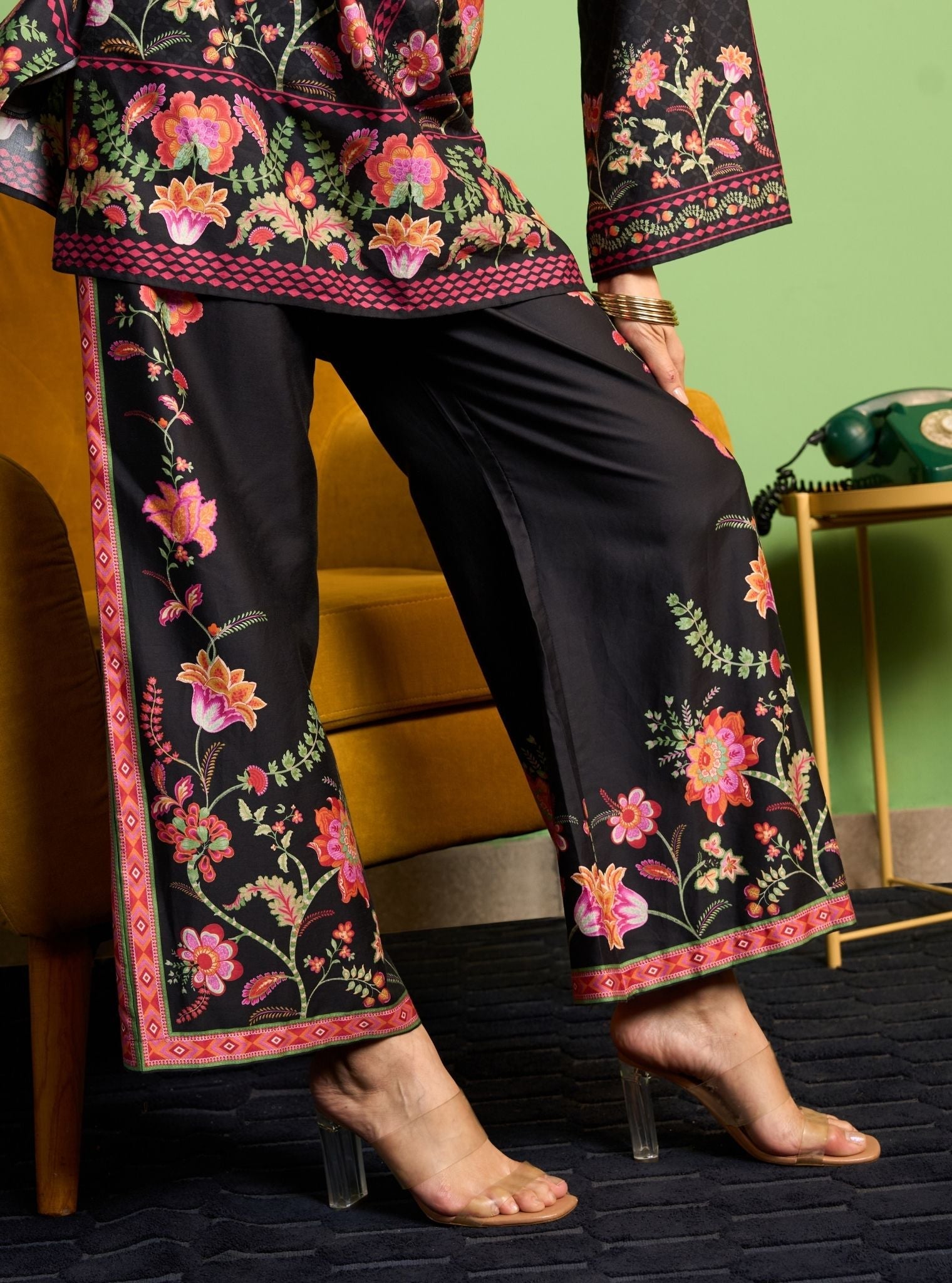 Zuni Pima Satin Black Printed Co-ord set