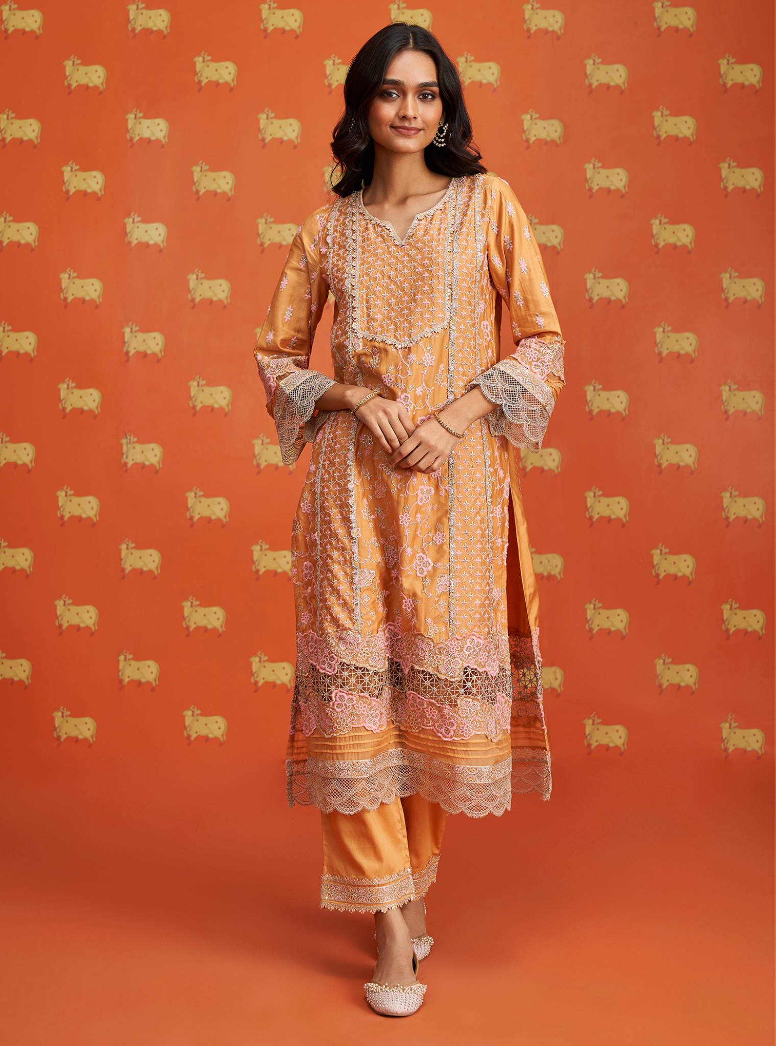 Anchali Pima Satin Orange Kurta Set