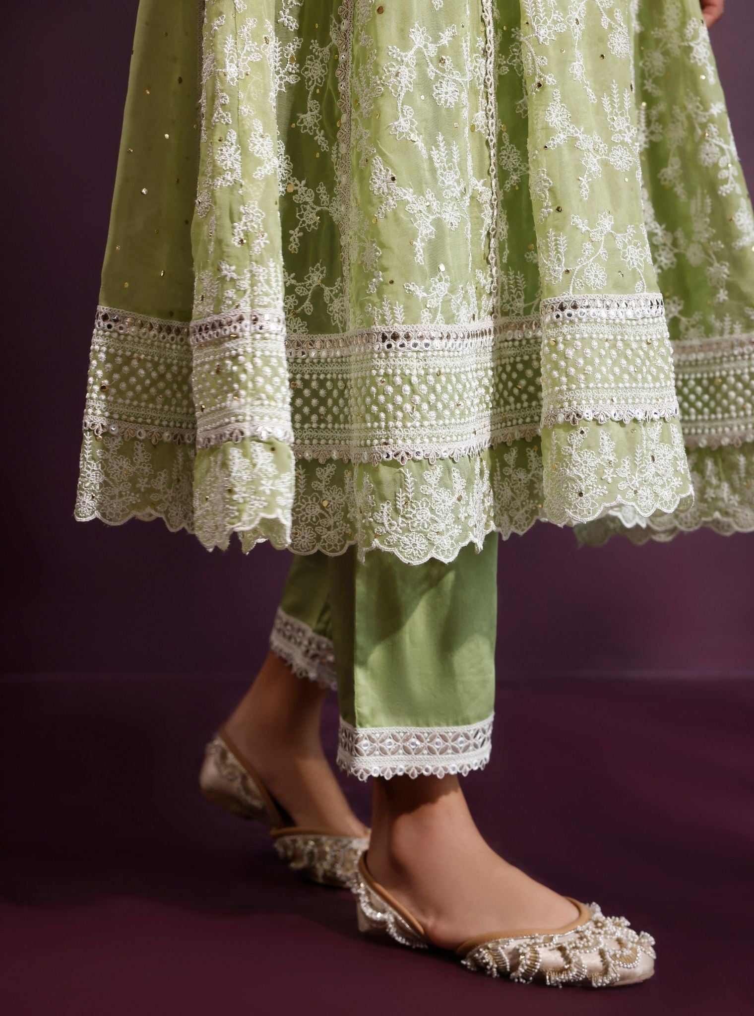 Rupa Organza Pista Green Anarkali Kurta Set