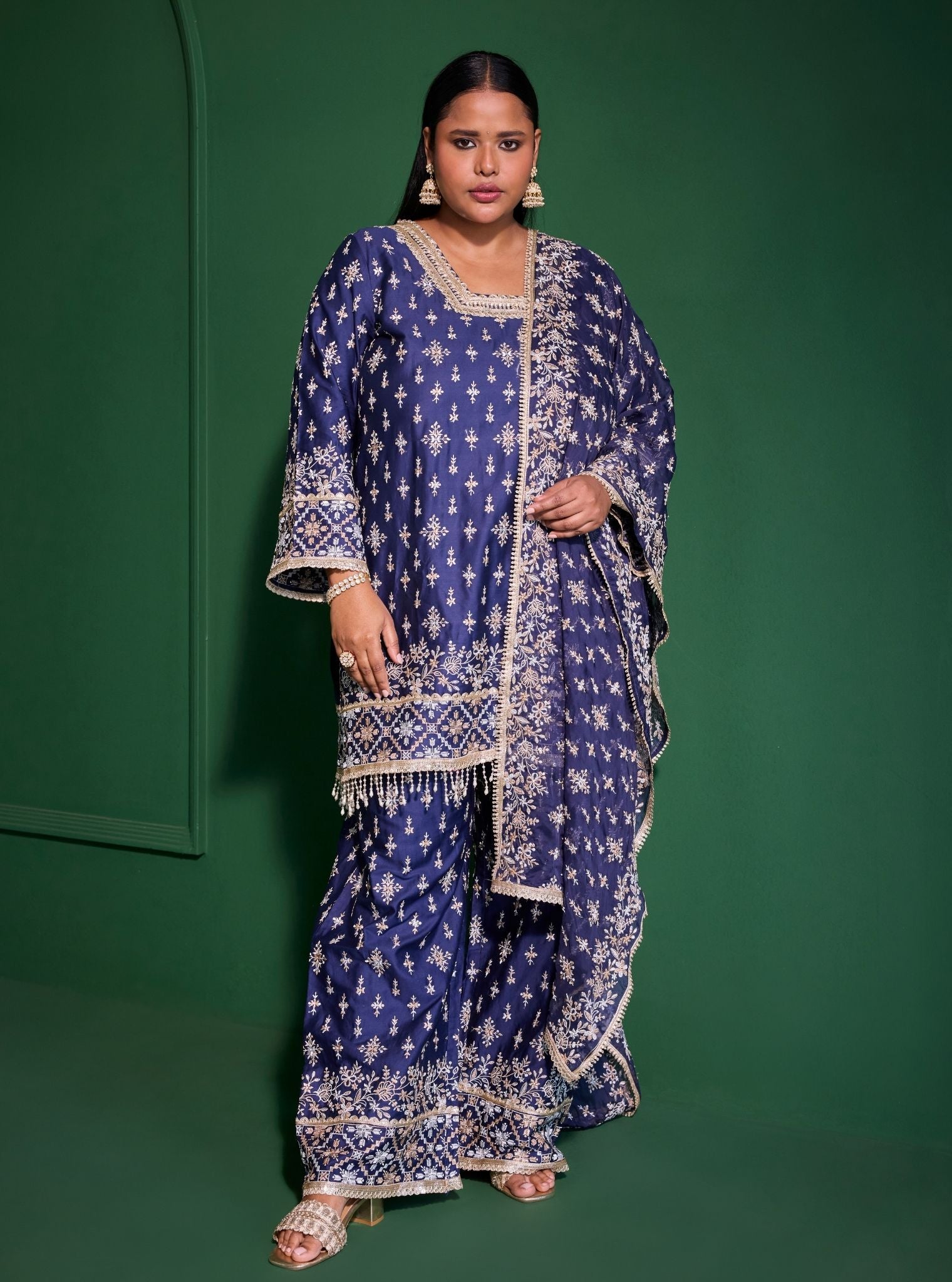 Kalander Pima Satin Navy Kurta Set