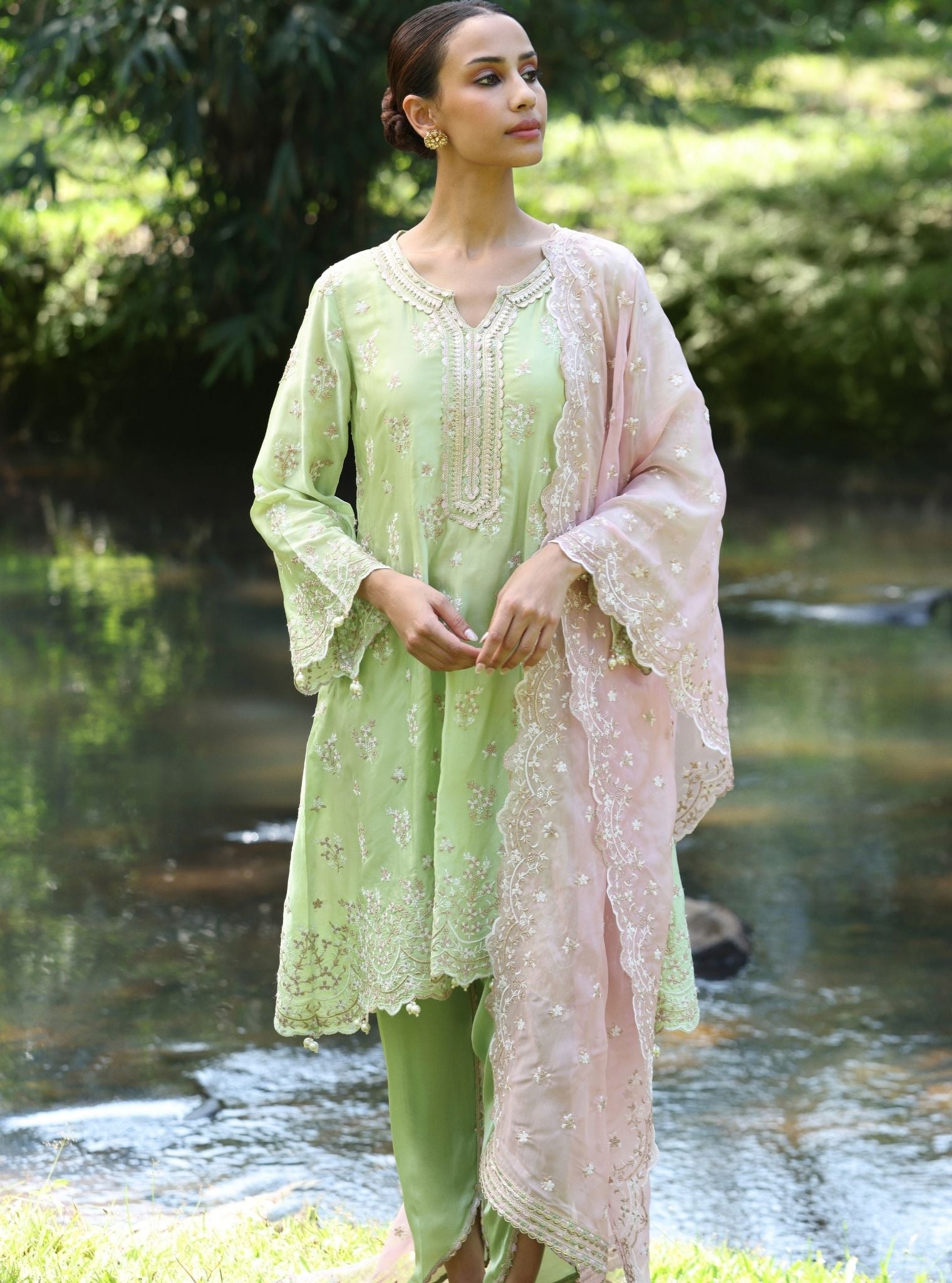 Mangalam Cupro Satin Green Kurta Set