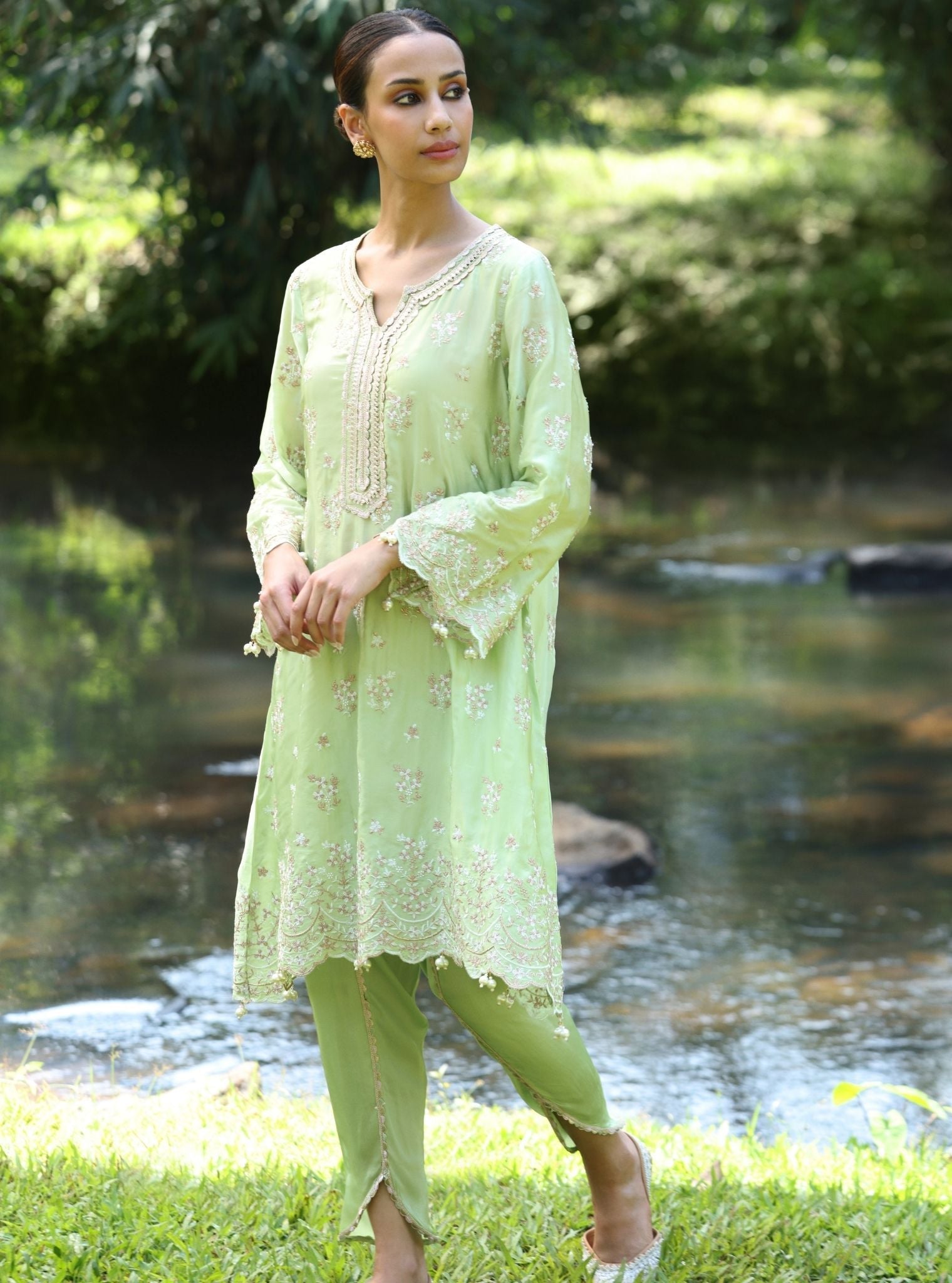 Mangalam Cupro Satin Green Kurta Set
