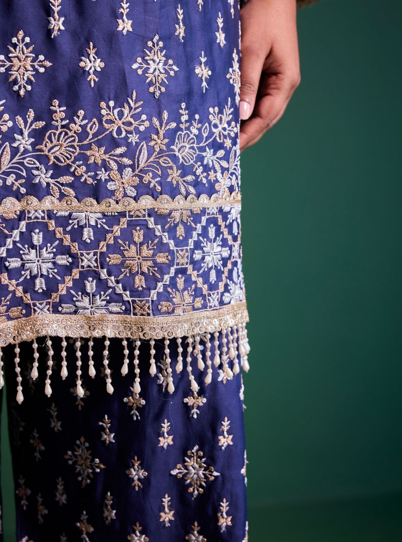 Kalander Pima Satin Navy Kurta Set