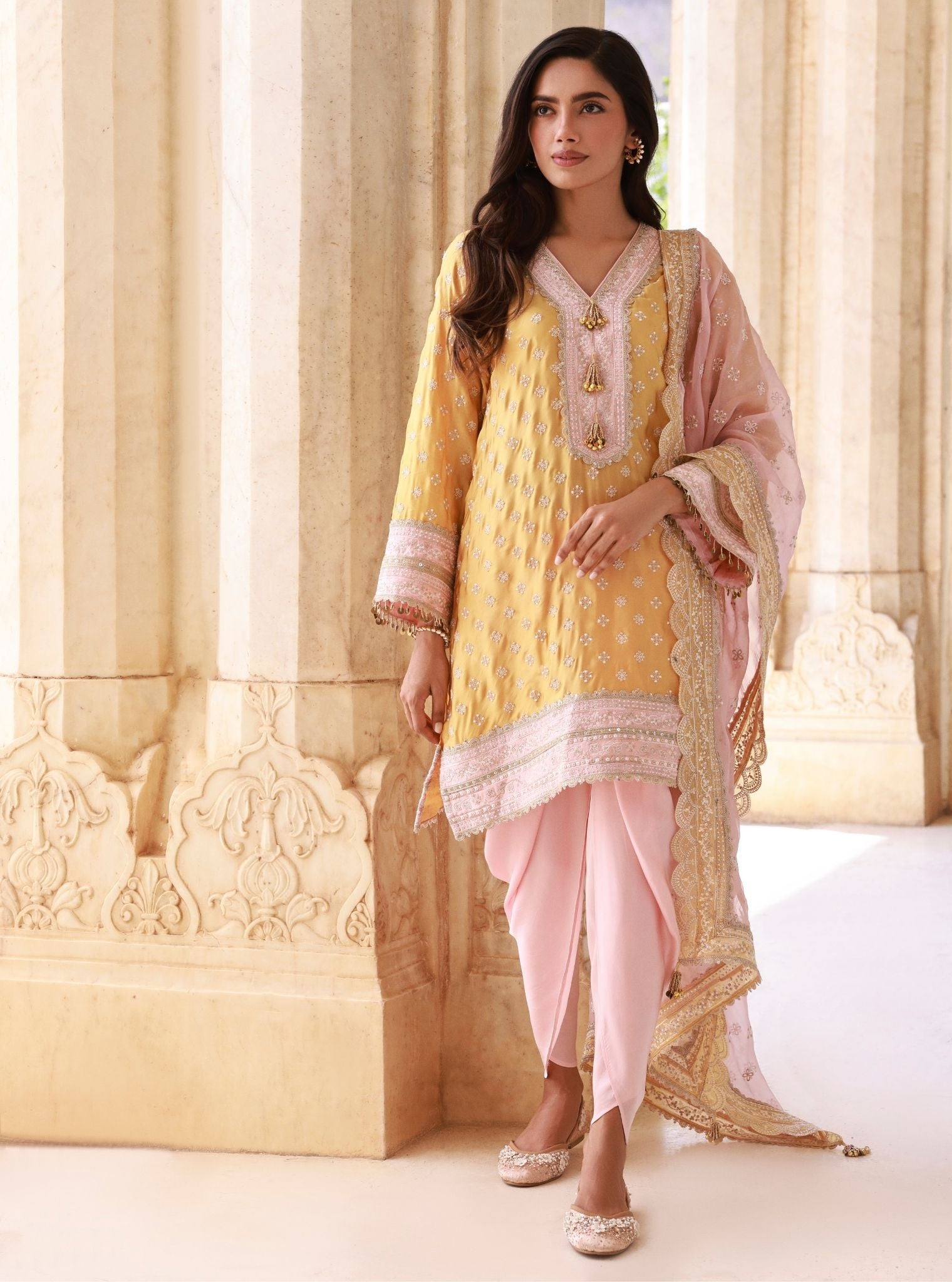 Survani Bemberg Satin Mustard Kurta With Pink Salwar