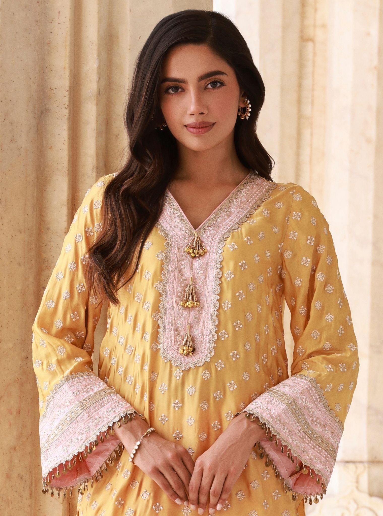 Survani Bemberg Satin Mustard Kurta With Pink Salwar