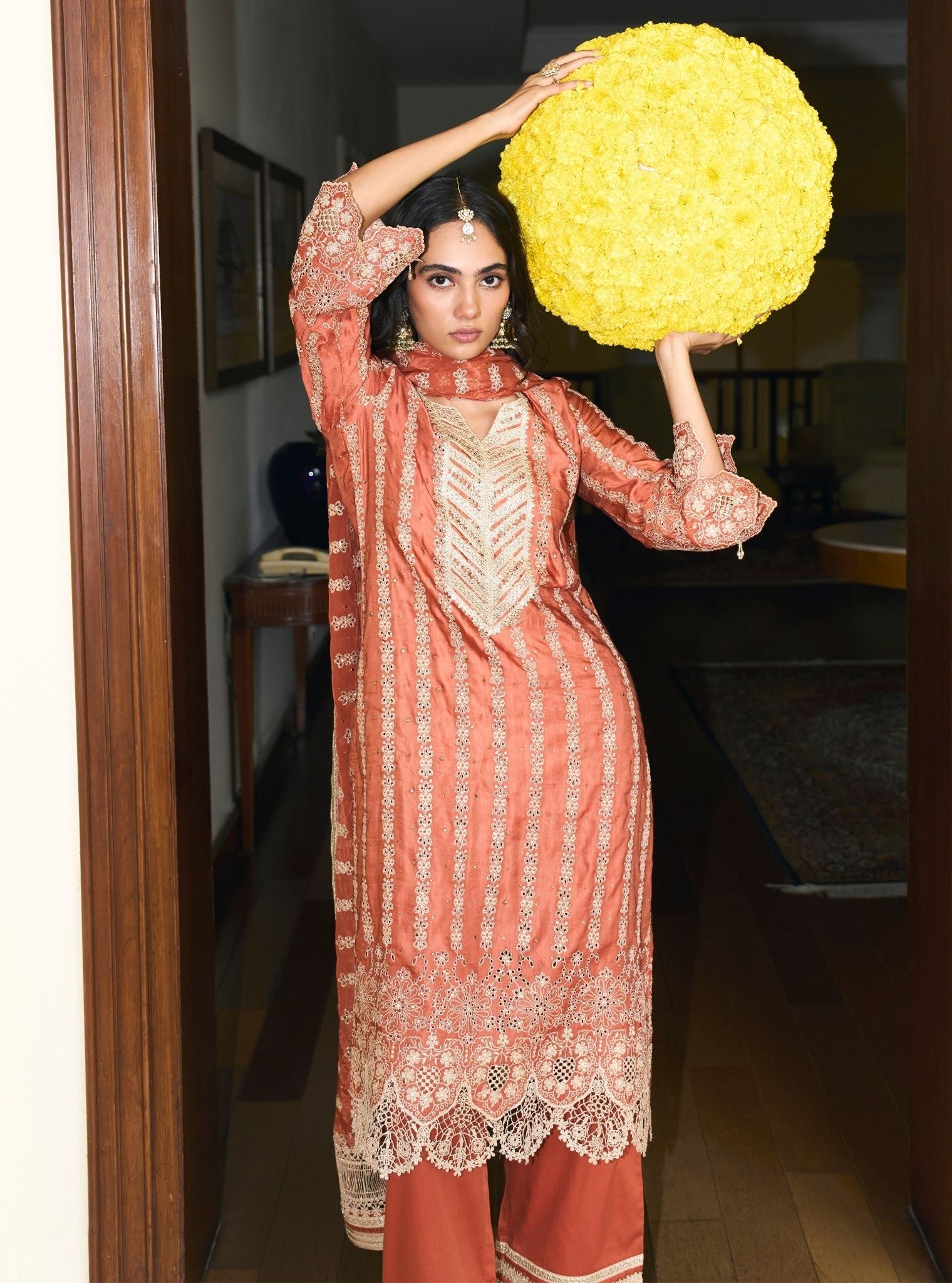 Anantaa Linen Satin Orange Kurta Set