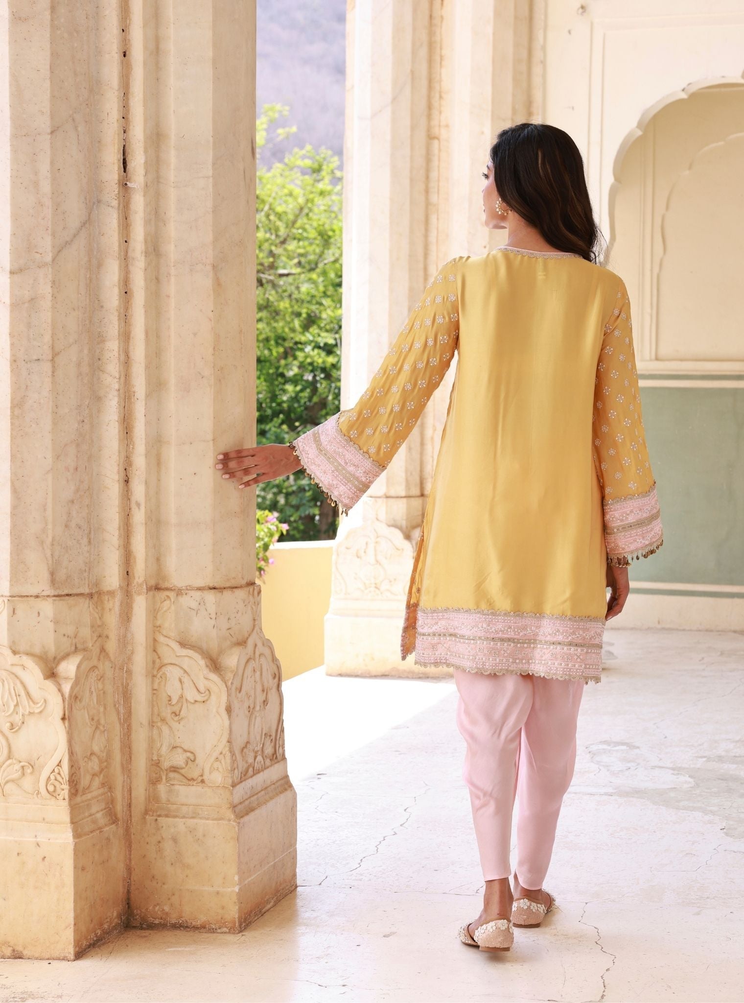 Survani Bemberg Satin Mustard Kurta With Pink Salwar