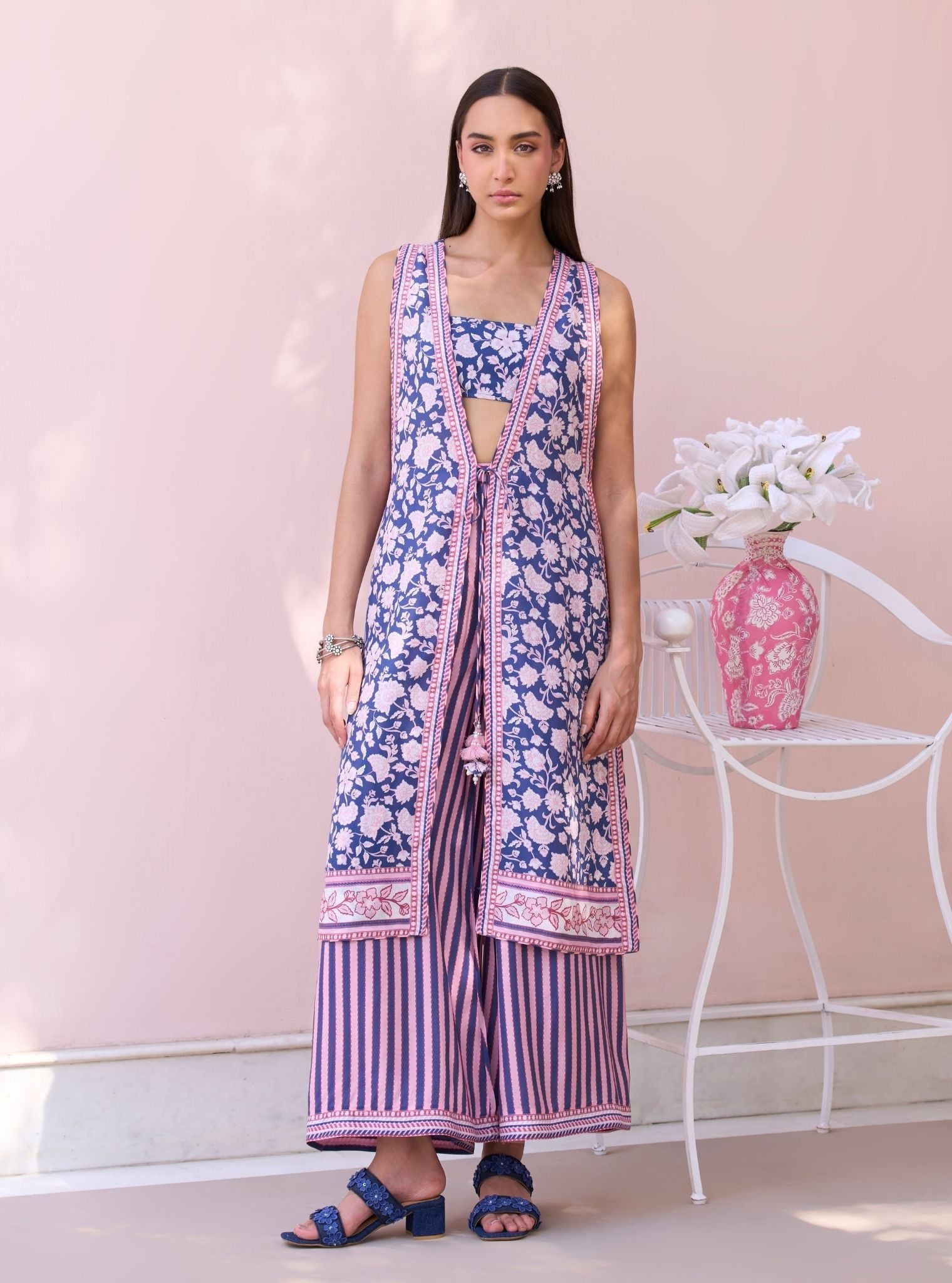 Maharose Navy Printed Lawn Jacket Set