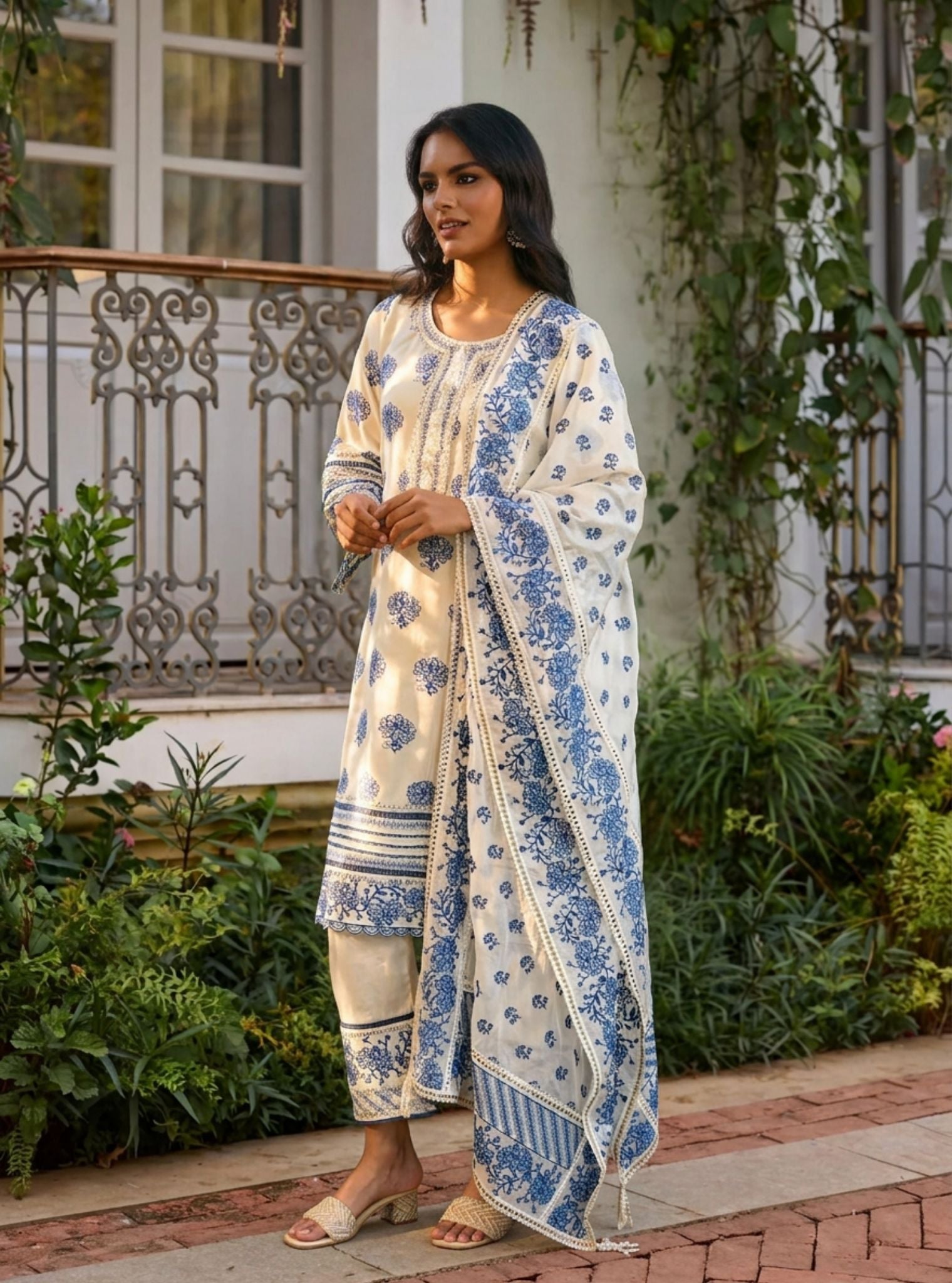 Reha Pima Satin Off White Kurta Set