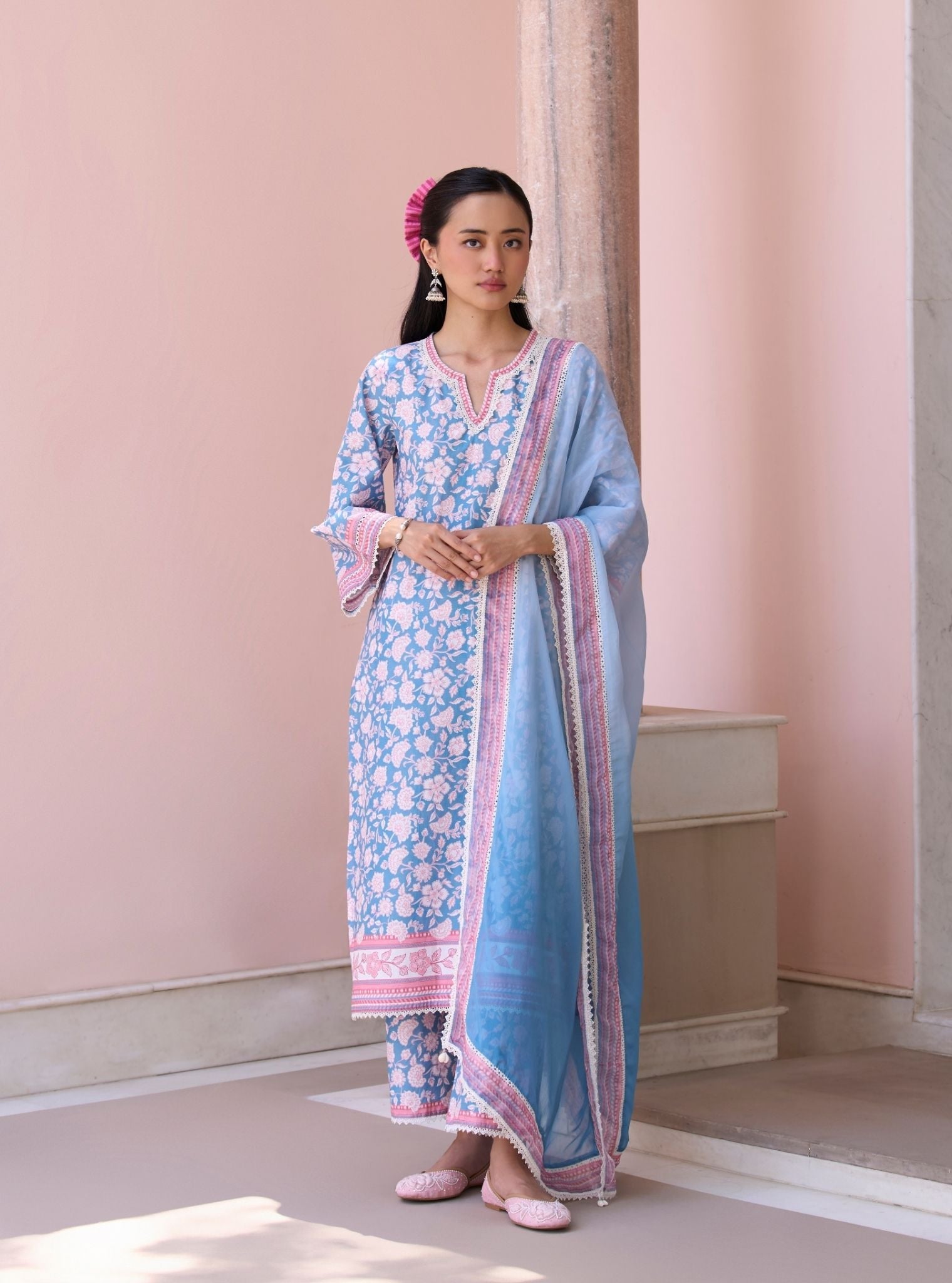 Rosabelle Steel Blue Mulmul Cotton Kurta Set